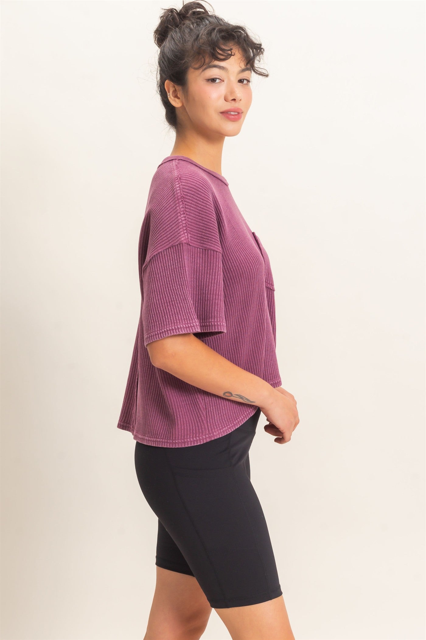 Wholesale Mineral Wash Waffle Knit Pocket Top Clothing Tops DZ26E222 DARK CHERRY DOUBLE ZERO