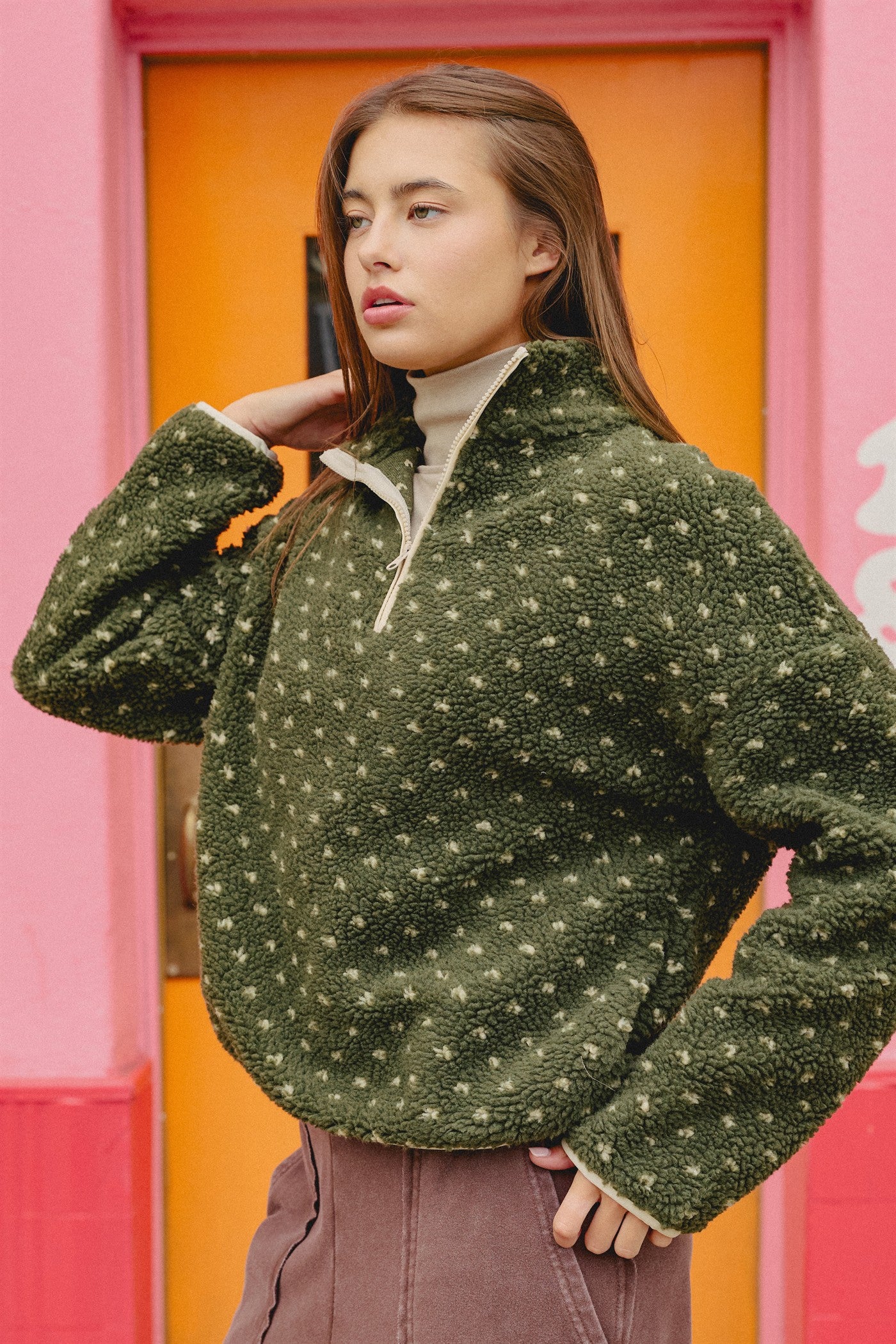 Wholesale Polka Dot Sherpa Half-Zip Pullover Coats & Jackets DZ26F161 DARK OLIVE DOUBLE ZERO