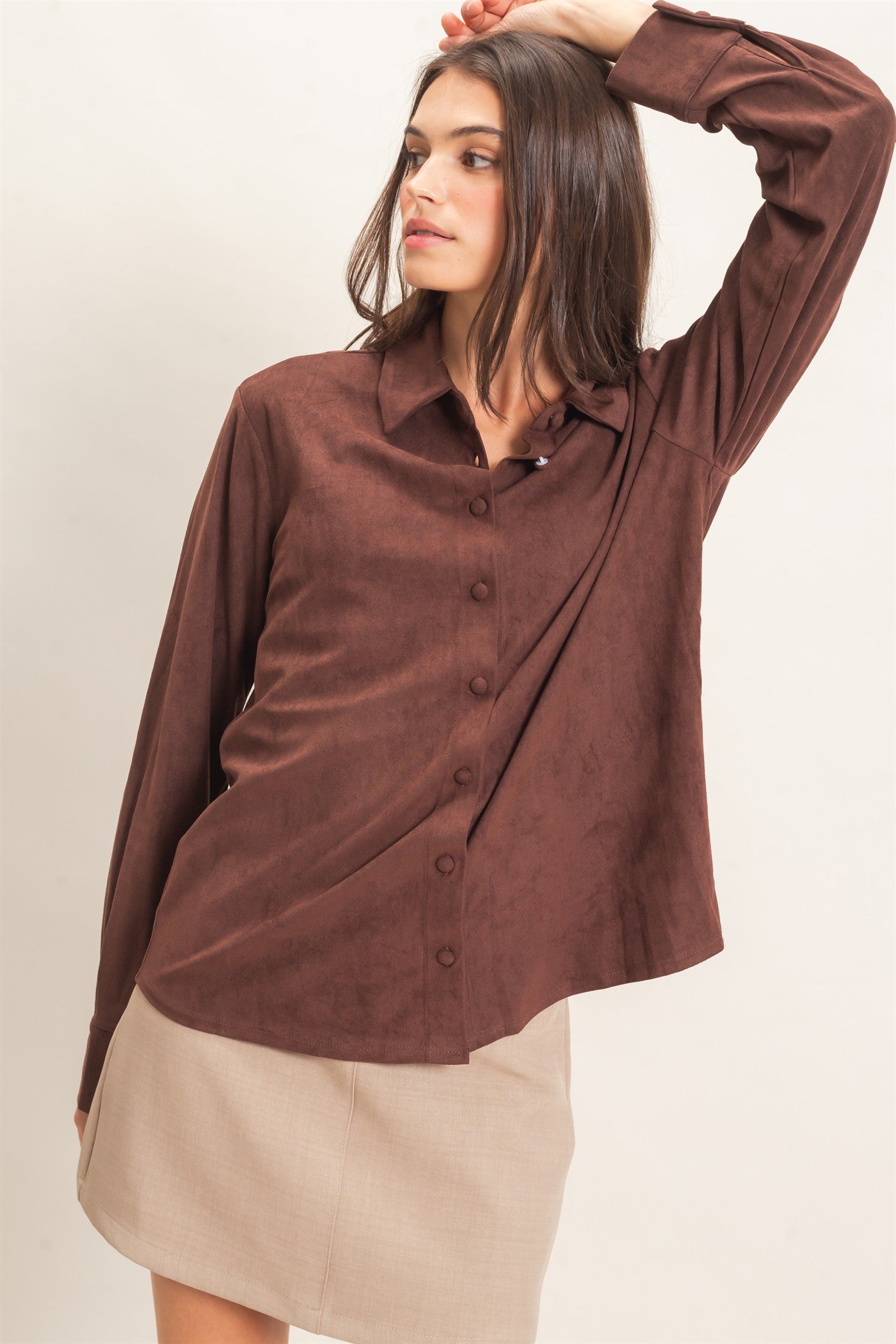Wholesale Suede Button-Up Shirt Shirts HF26F083 CHESTNUT HYFVE