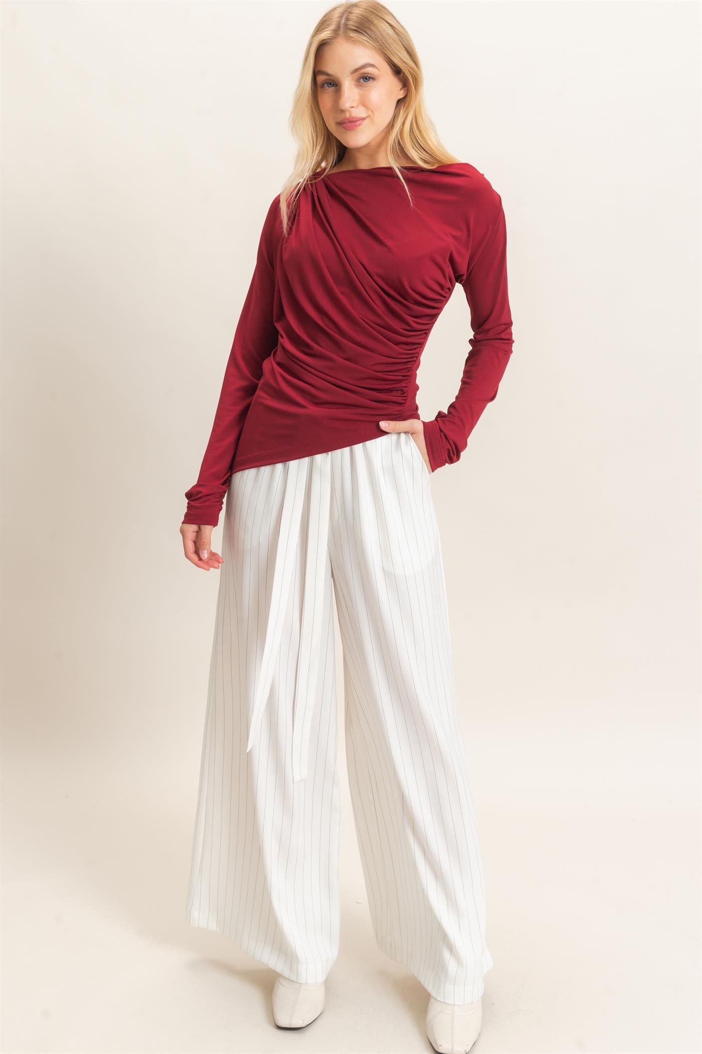 Wholesale Pinstripe Wide-Leg Pants Pants HF25F030 WHITE HYFVE