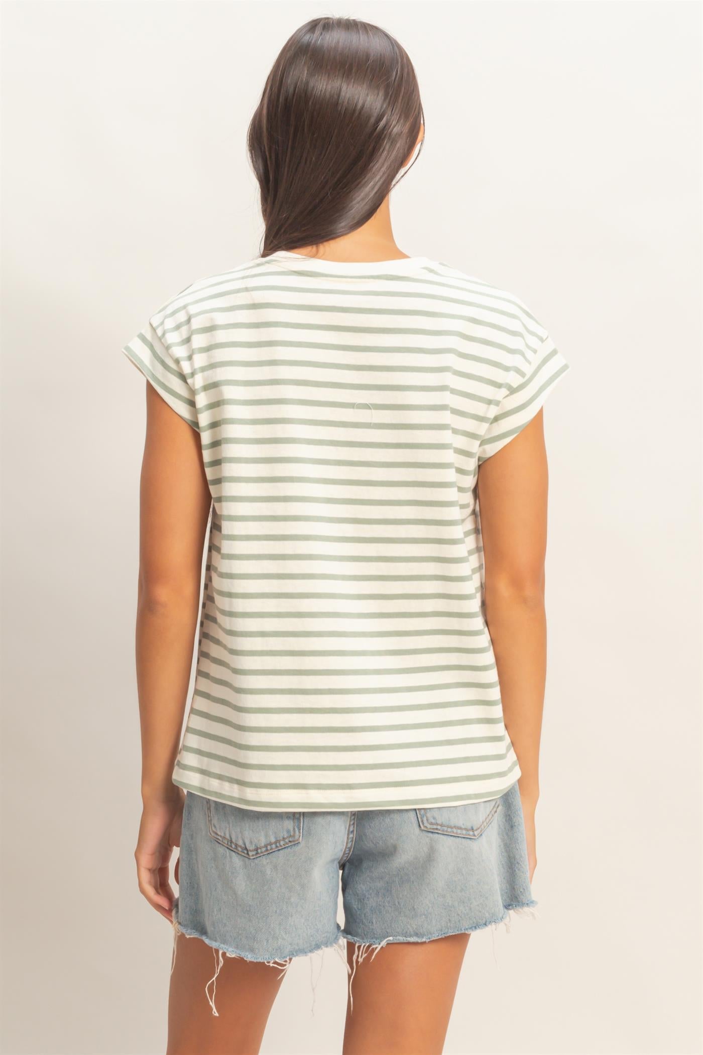 Wholesale Striped Cap Sleeve Relaxed Everyday Tee Clothing Tops DZ26C059 SAGE GREEN DOUBLE ZERO