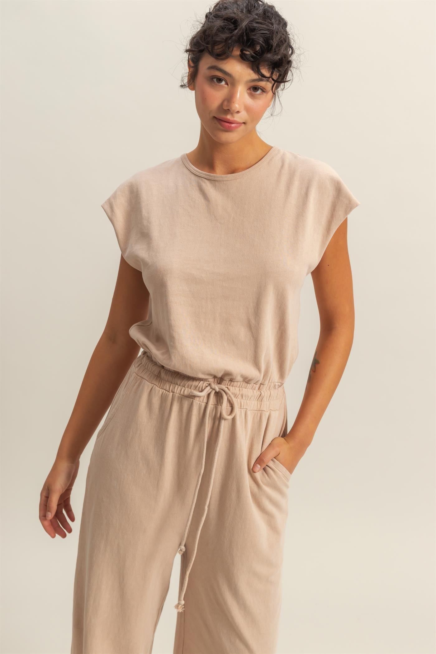 Wholesale Short Sleeve Casual Jumpsuit Clothing DZ24C619 DARK TAUPE DOUBLE ZERO