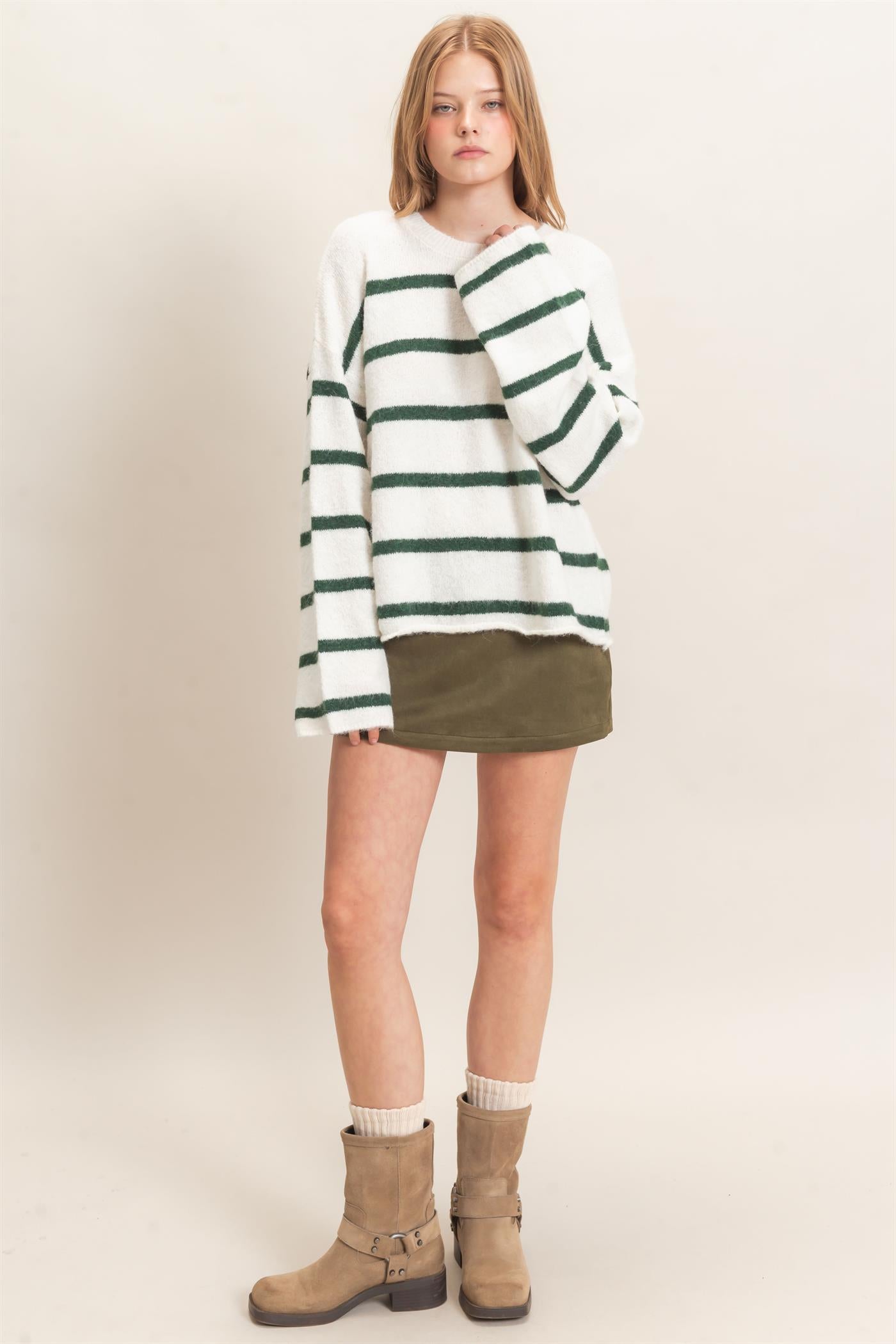 Wholesale Striped Crew Neck Sweater Sweaters HF26E894 HUNTER GREEN HYFVE