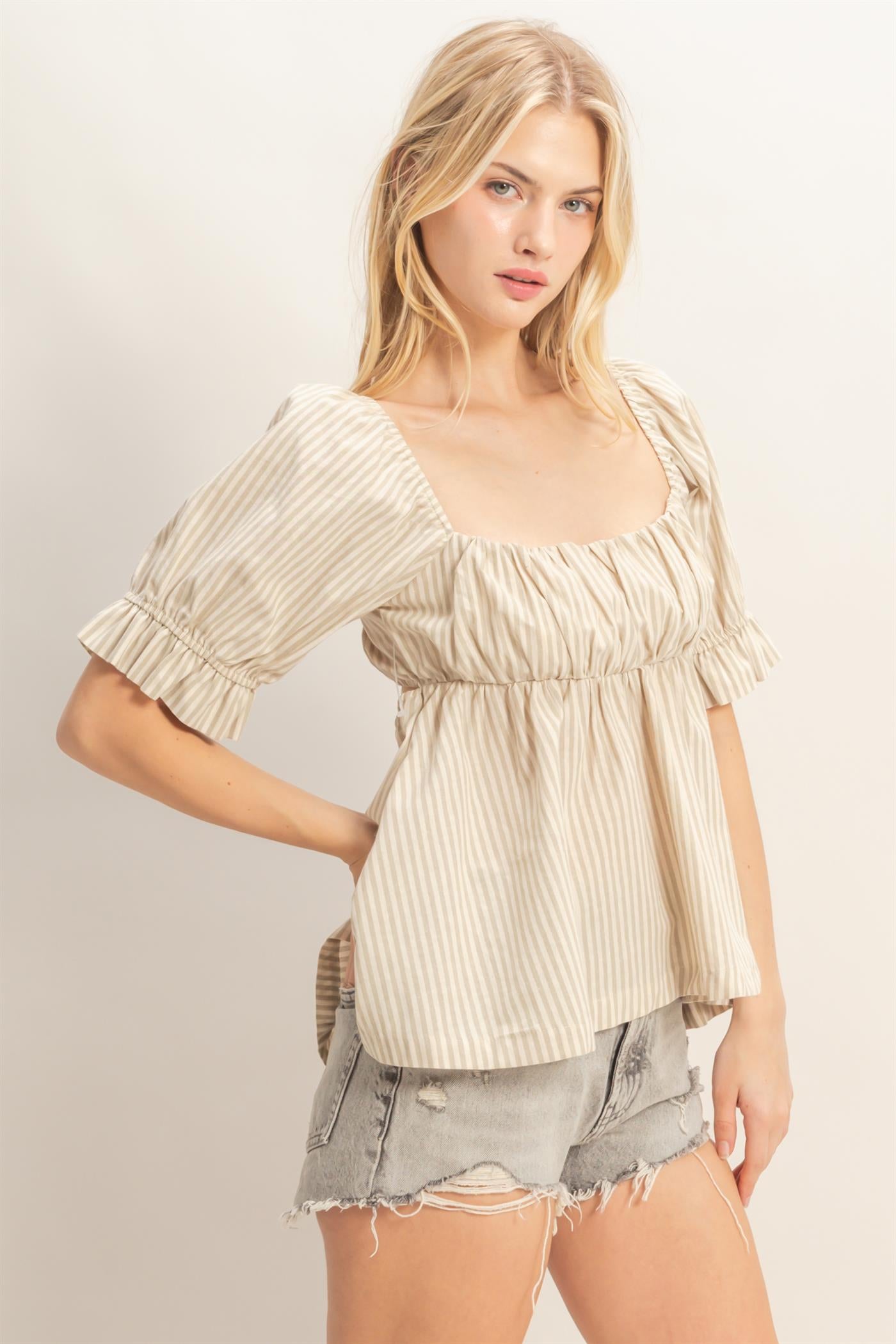 Wholesale Striped Square Neck Peplum Top Clothing Tops HF26E386 L.TAUPE HYFVE