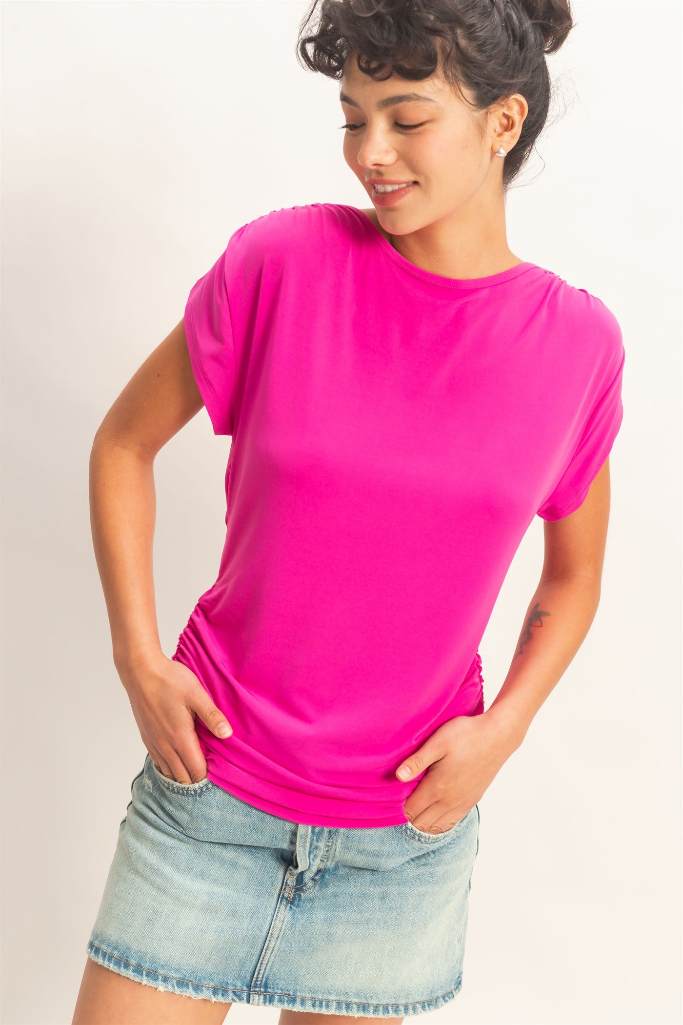 Wholesale Cowl Back Draped Cap Sleeve Top Clothing Tops DZ26C025 FUCHSIA DOUBLE ZERO