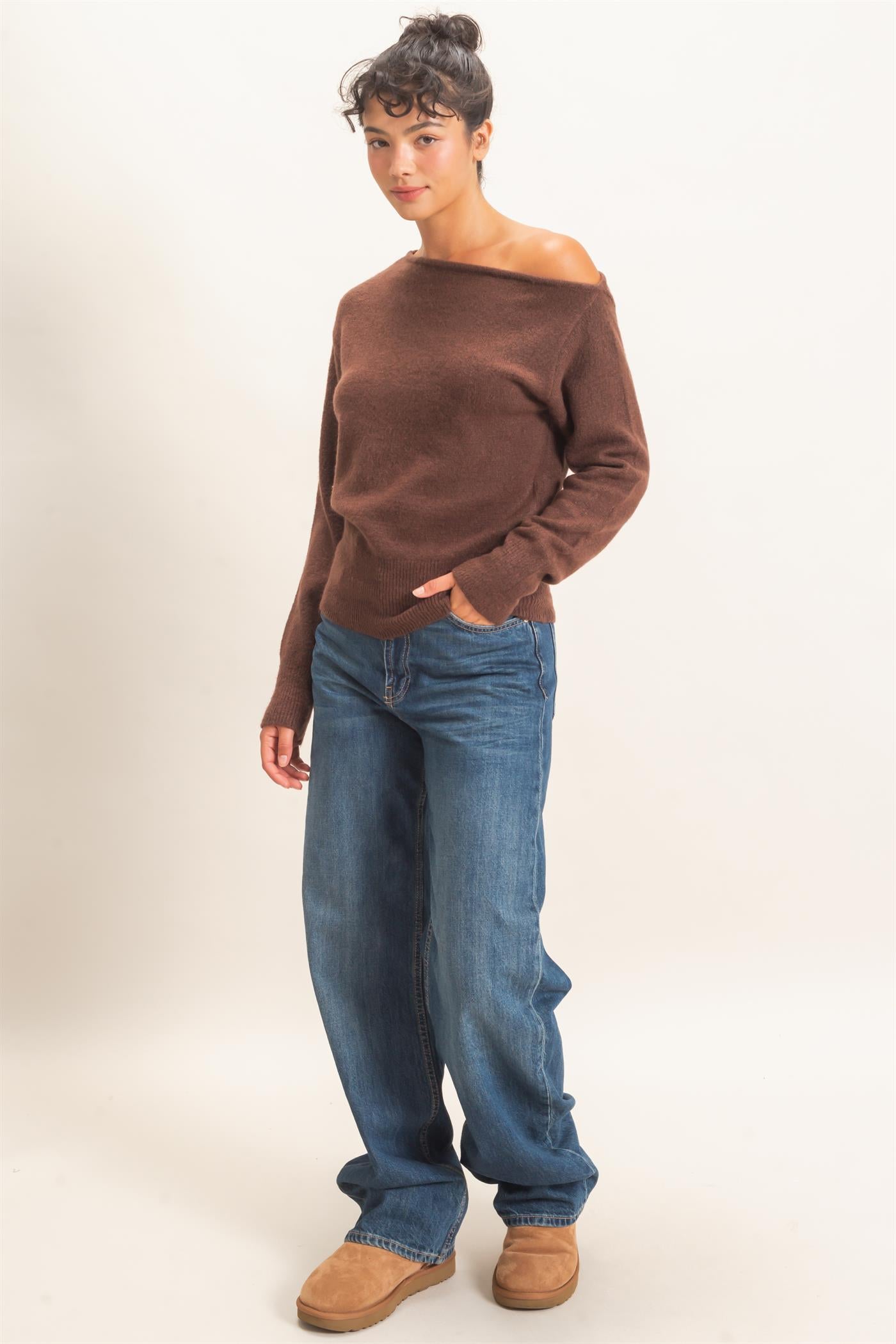 Wholesale Off The Shoulder Sweater Top Sweaters DZ26F290 DARK BROWN DOUBLE ZERO