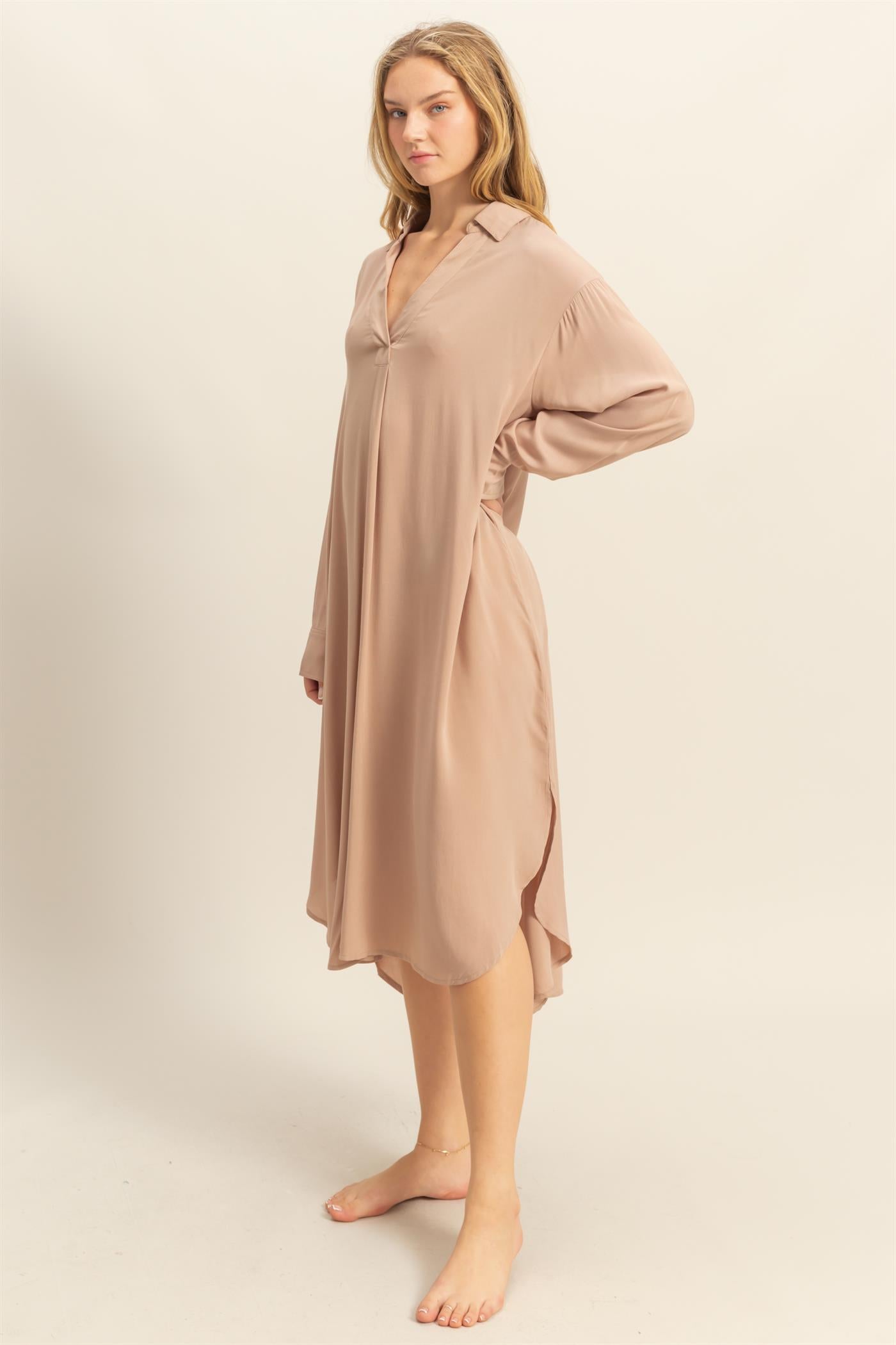 Wholesale V-Neck Long Sleeved Midi Shirts Dress Dresses DZ24E706 DARK TAUPE DOUBLE ZERO