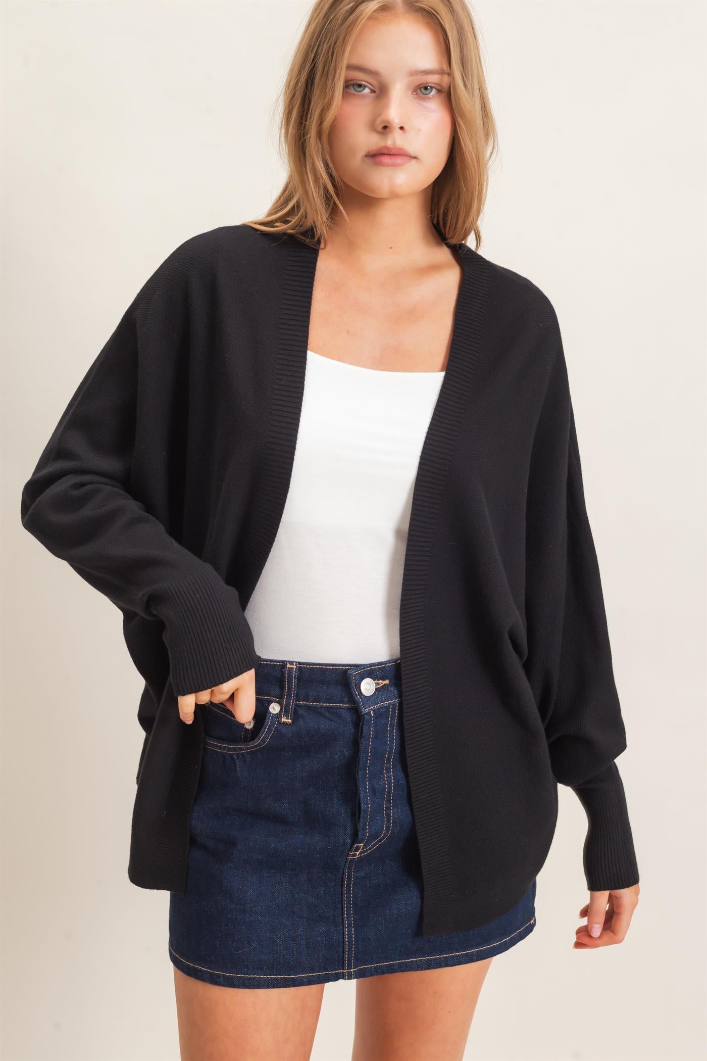 Wholesale Open Front Knit Cardigan Cardigans HF26E834 BLACK HYFVE