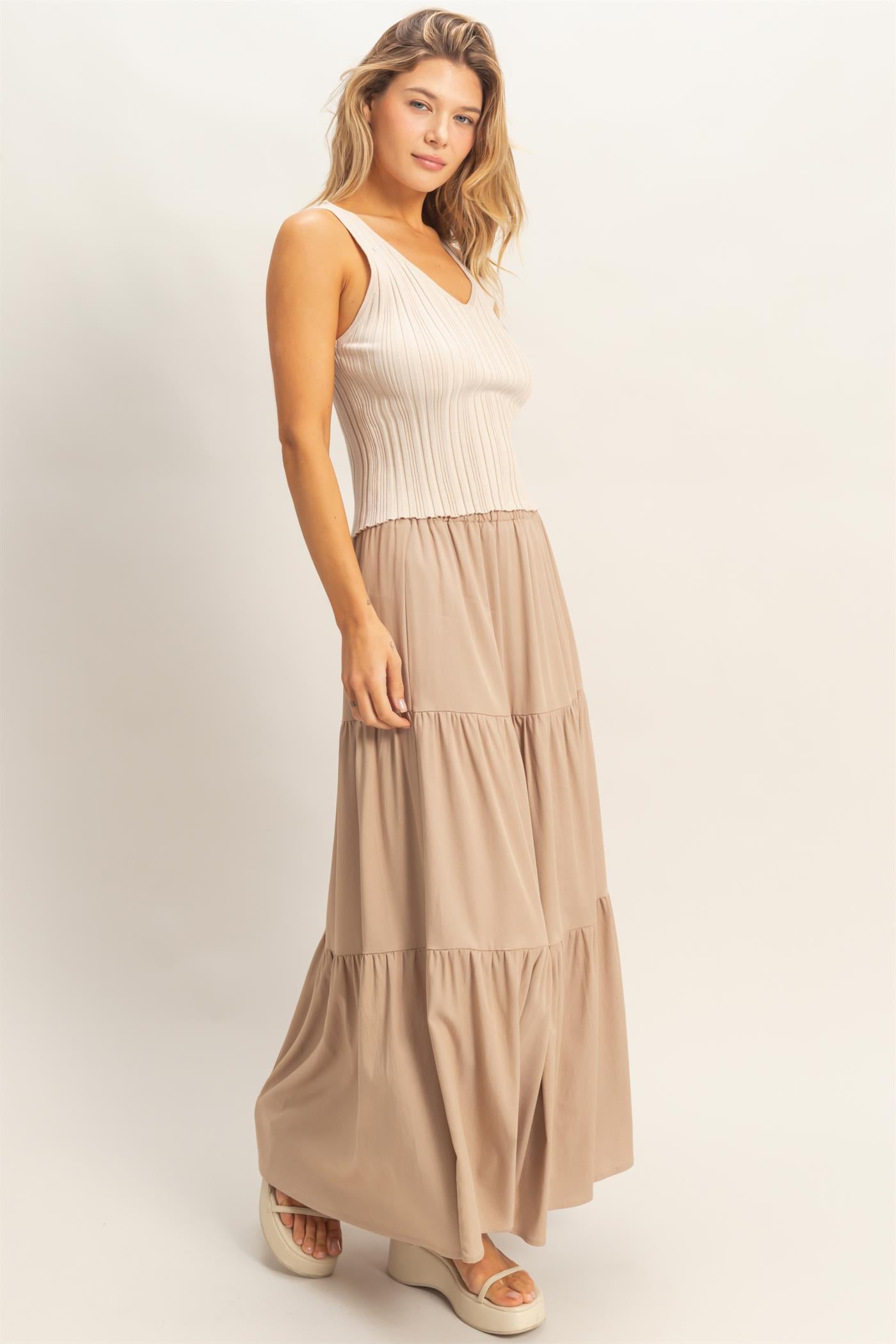 Wholesale Elastic Waist 3-Tier Skirt Skirts HF26E340-D WARM TAUPE HYFVE