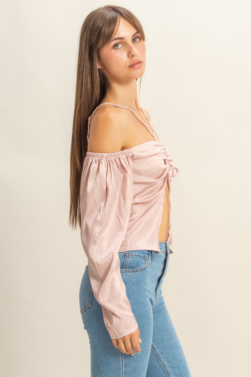 Wholesale Tie-Front Off-Shoulder Blouse Clothing Tops FS22E859 MAUVE HYFVE
