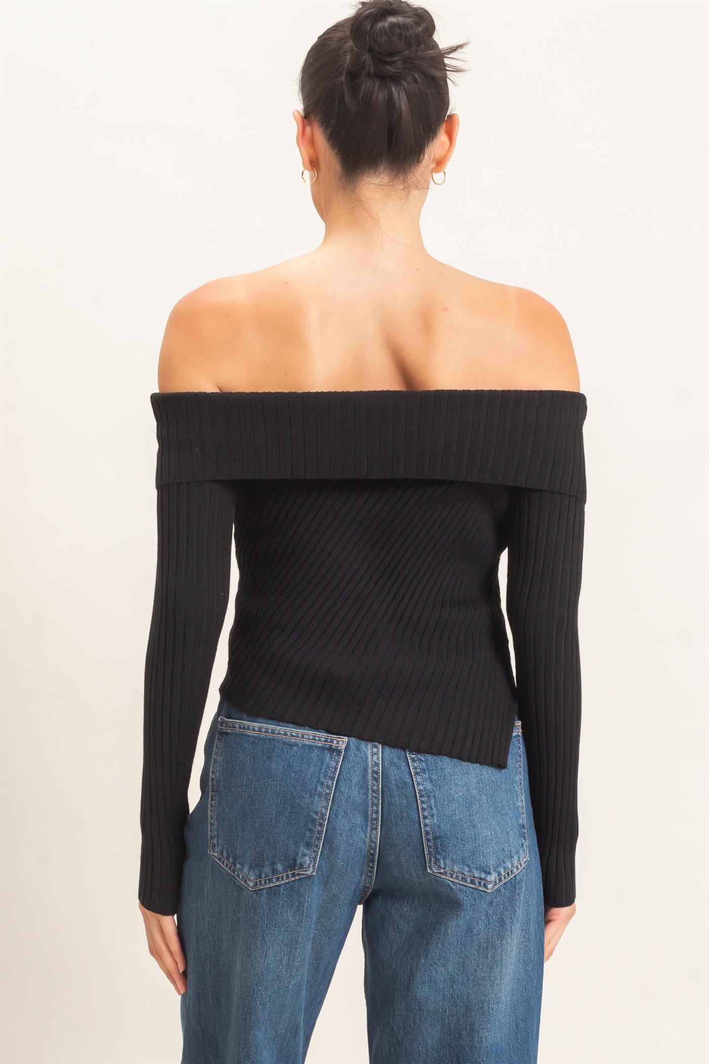 Wholesale Ribbed Off-Shoulder Sweater Sweaters HF26E937 BLACK HYFVE