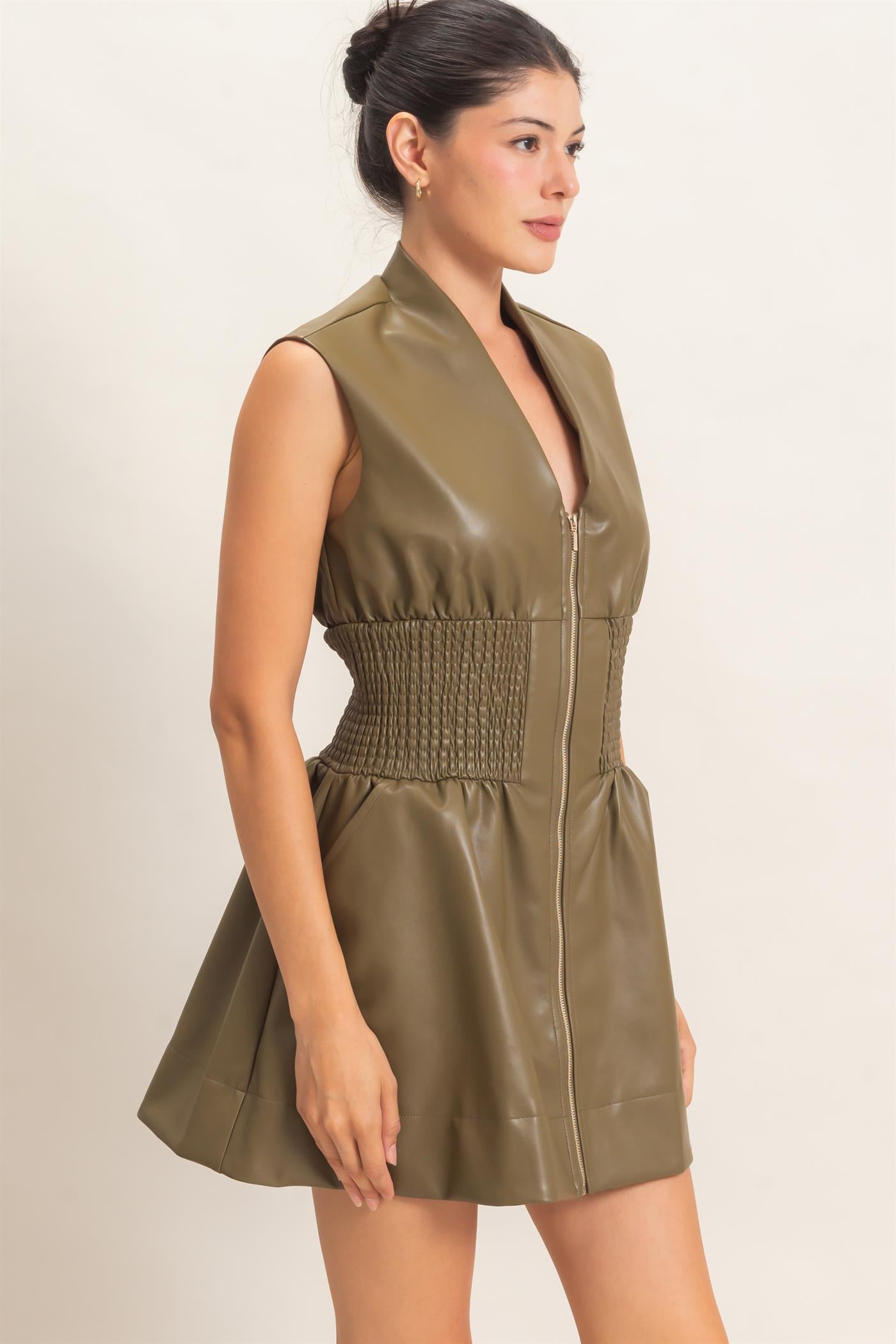 Wholesale Faux Leather Zip Front Dress Dresses HF26E364 DARK OLIVE HYFVE