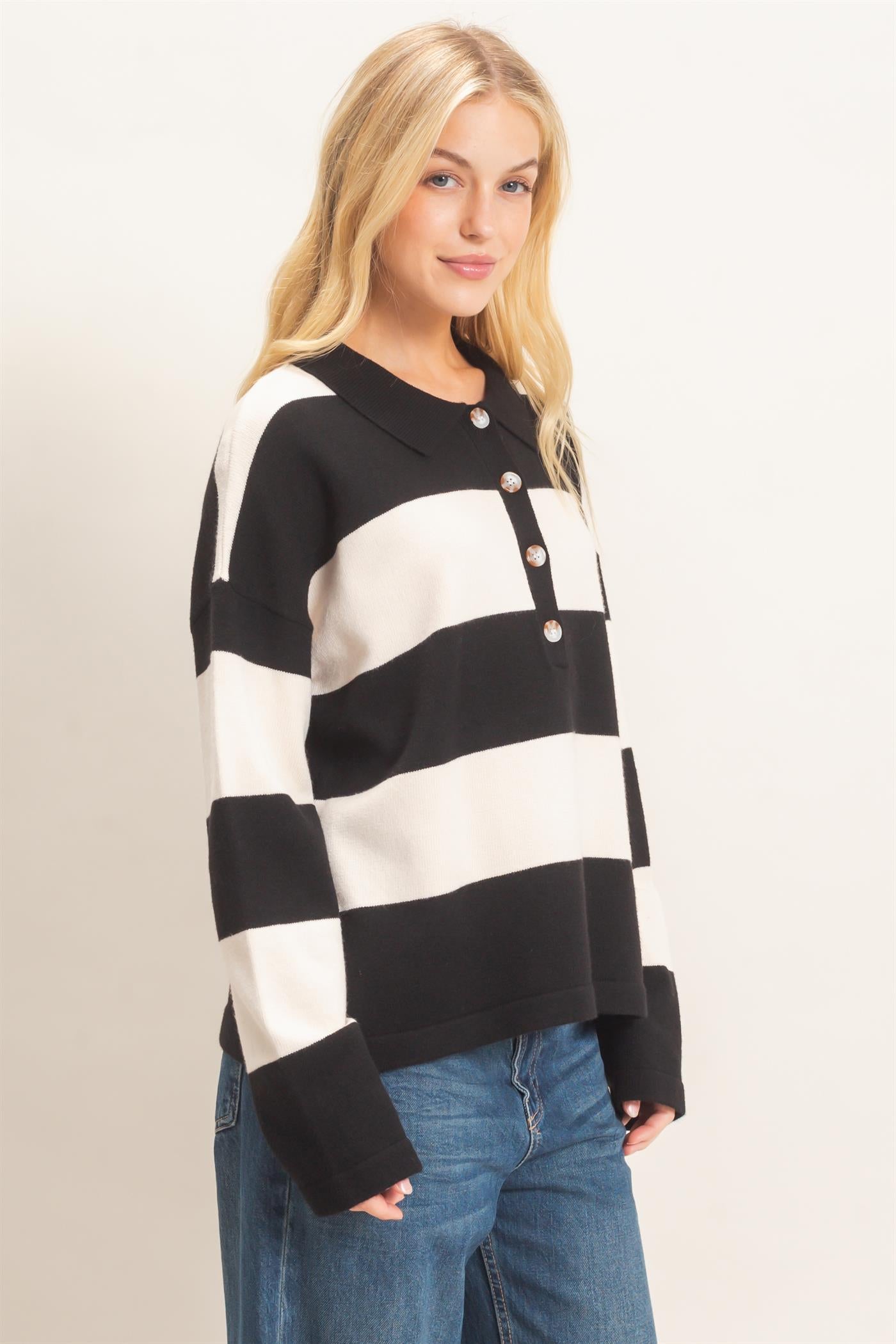 Wholesale Striped Button-Up Sweater Sweaters HF26F198 BLACK HYFVE