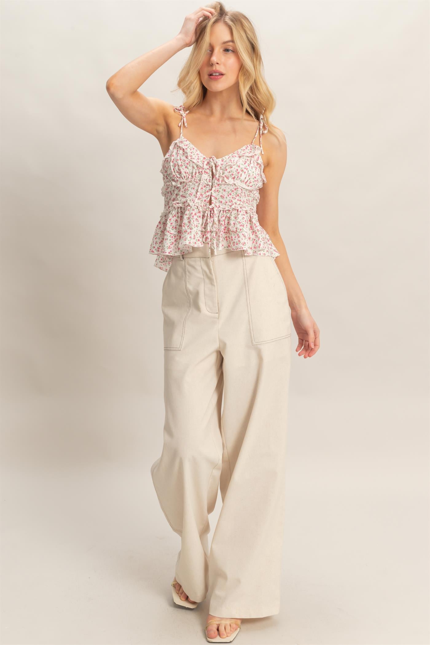 Wholesale Floral Ruffle Peplum Top Clothing Tops HF26C235 PINK HYFVE