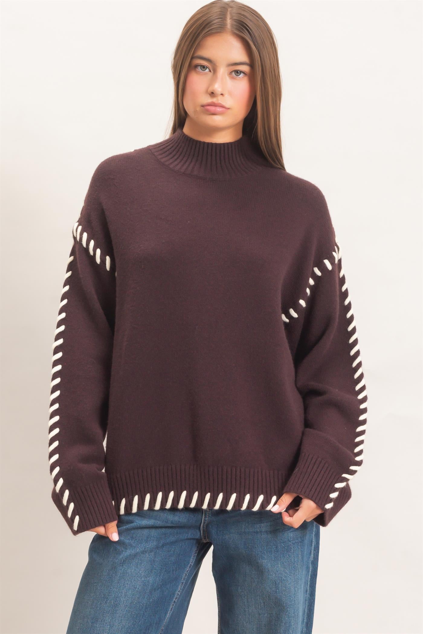 Wholesale Blanket Stitch High Neck Sweater Sweaters DZ27A190 DARK BROWN DOUBLE ZERO