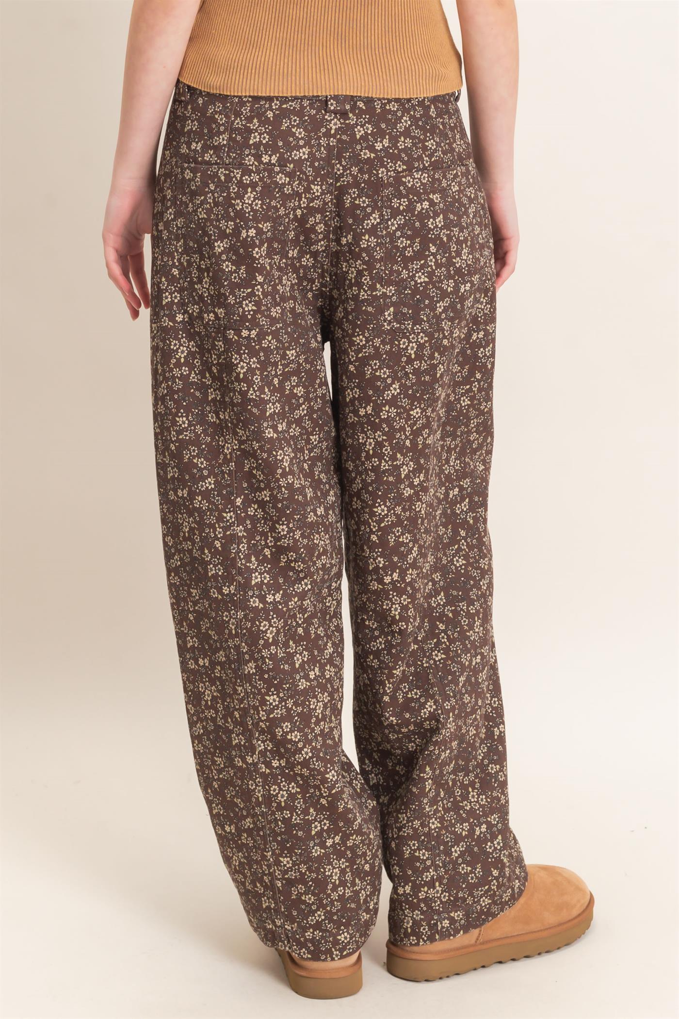 Wholesale Floral Print Garment Wash Barrel Pants Pants HF26C840 CHESTNUT HYFVE
