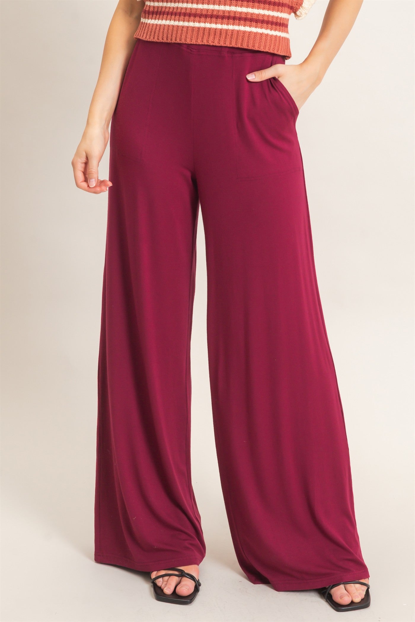 Wholesale Wide-Leg Elastic Waist Pants Pants HF26F299-D BURGUNDY HYFVE