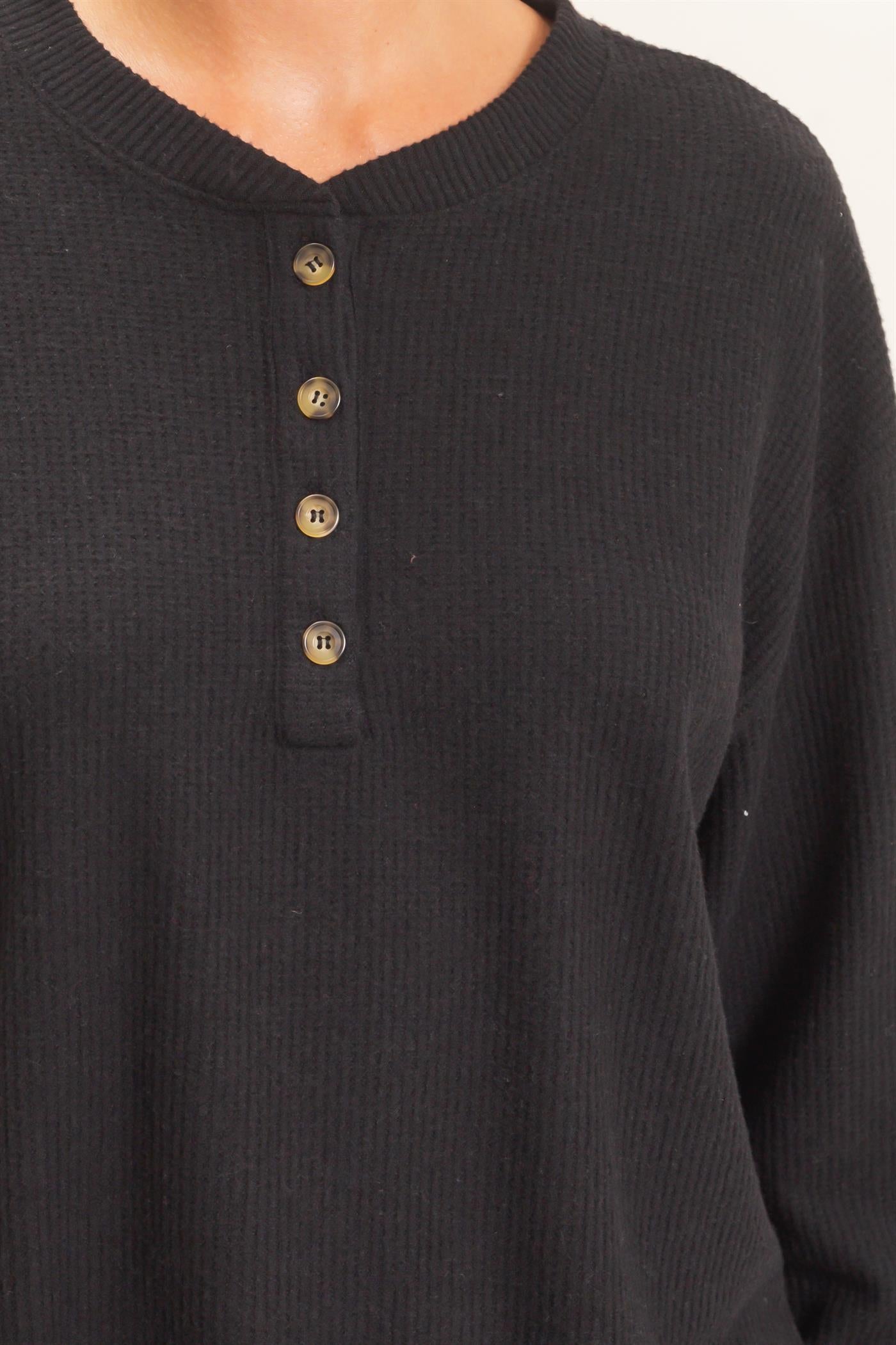 Wholesale Brushed Waffle Henley Top Clothing Tops DZ26F314 BLACK DOUBLE ZERO