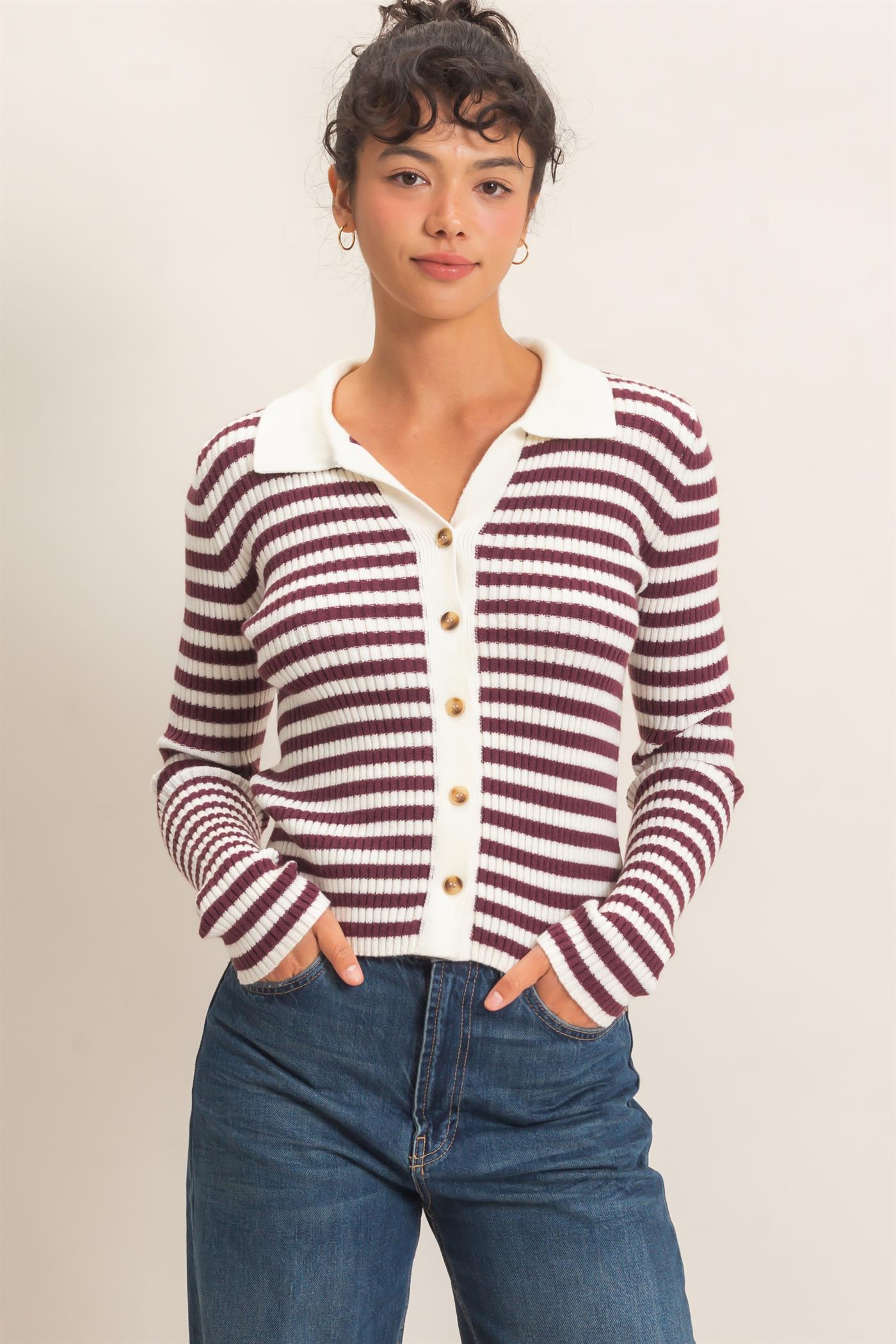 Wholesale Ribbed Striped Polo Knit Top Clothing Tops DZ26E099 DARK CHERRY DOUBLE ZERO