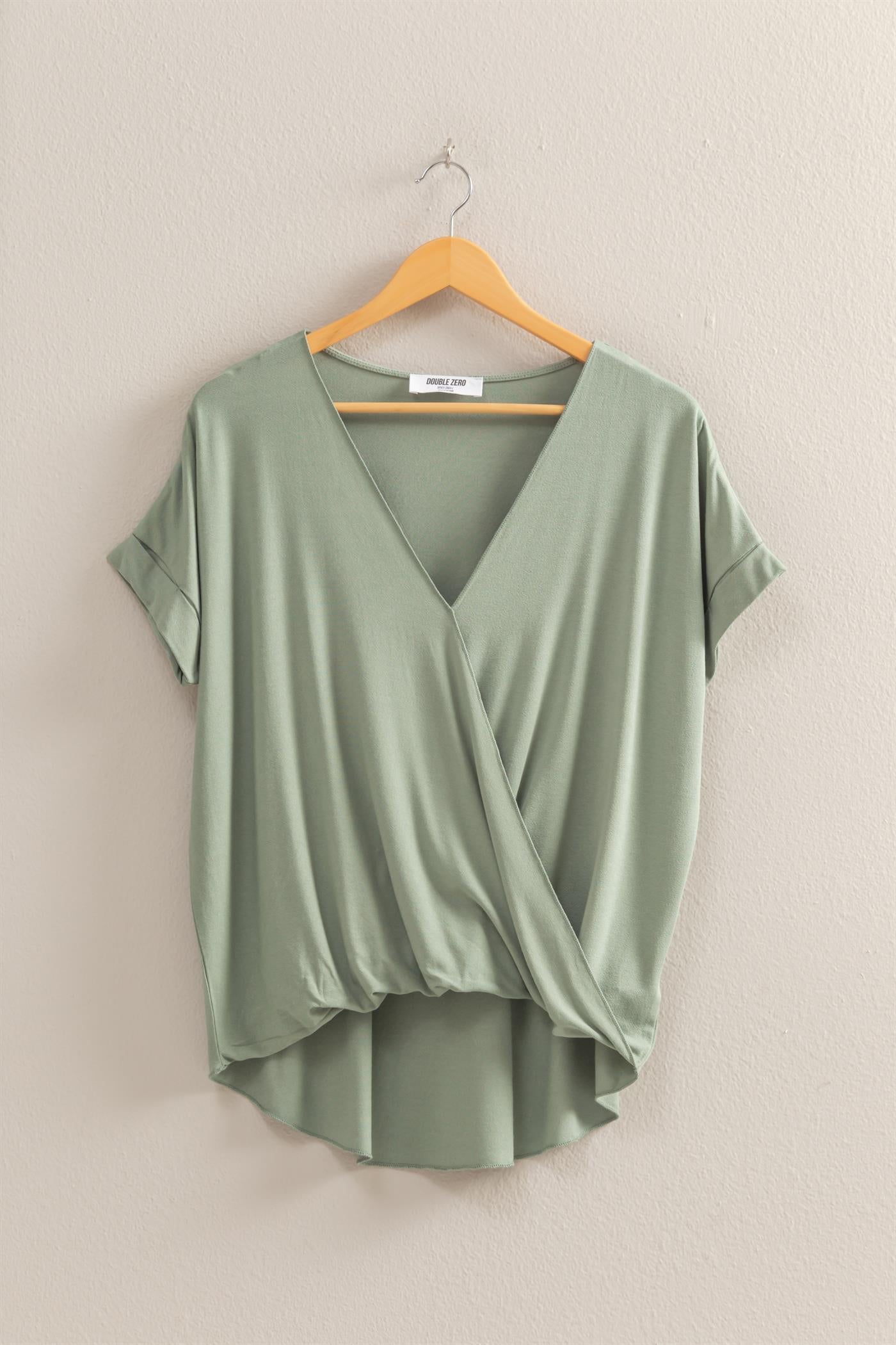 Wholesale Short Sleeve Surplice Top Clothing Tops DZ25E289 SAGE GREEN DOUBLE ZERO
