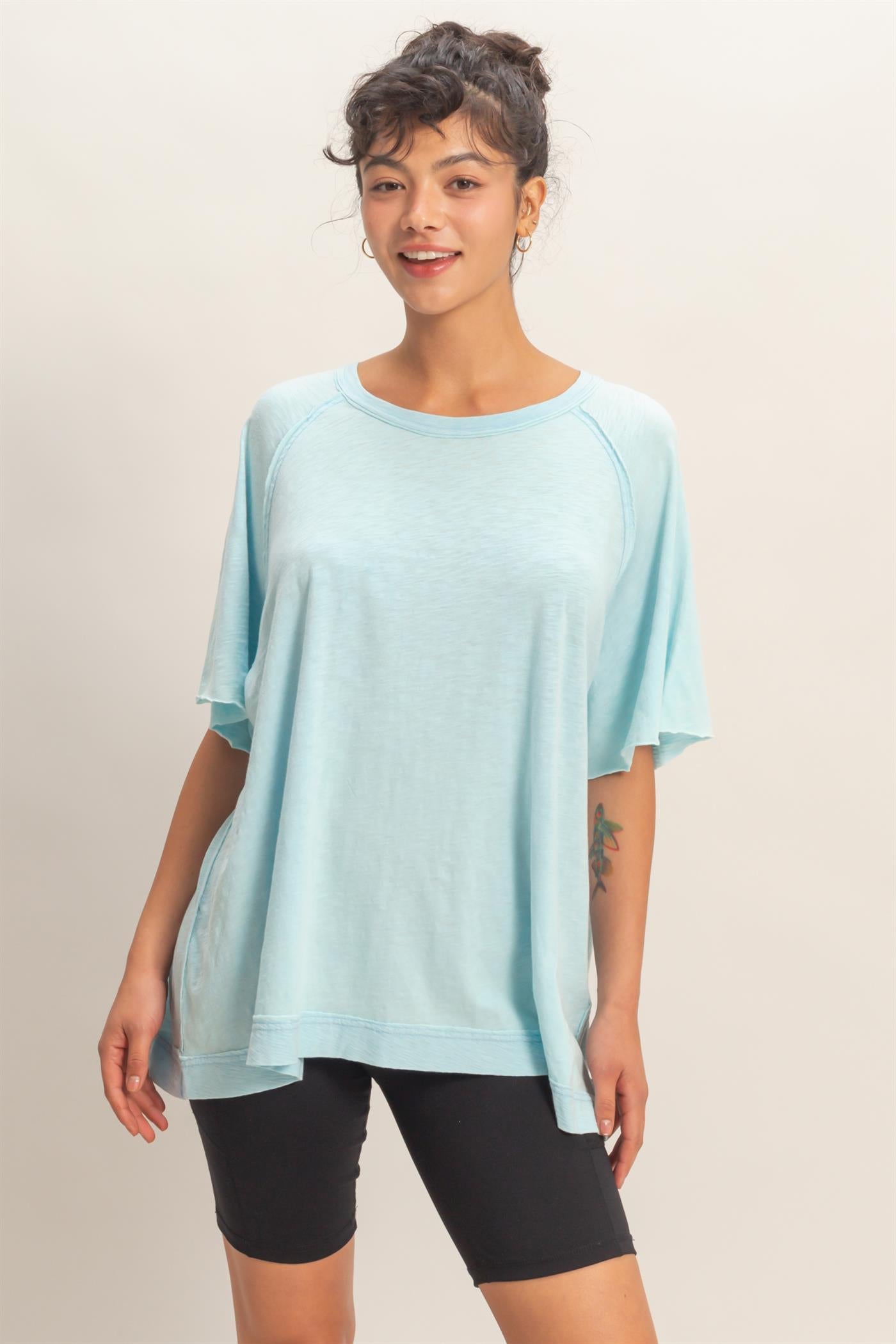 Wholesale Acid Washed Oversized Raw Edges Raglan Tee T-Shirts DZ26A333 BLUE DOUBLE ZERO