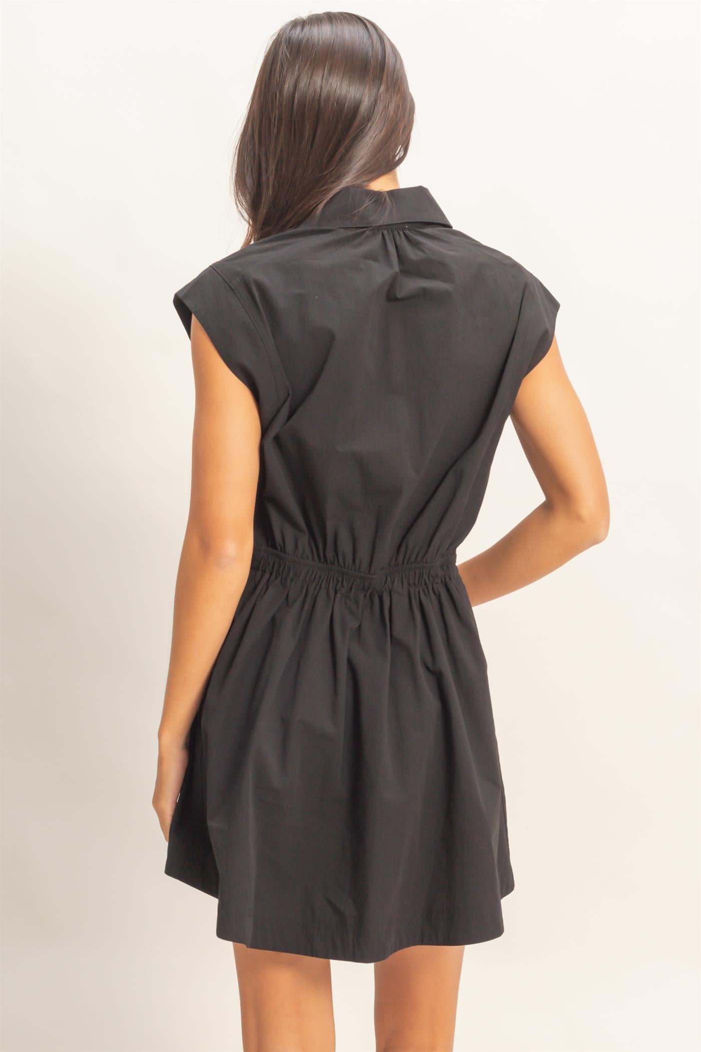 Wholesale Sleeveless Collared Shirred Mini Dress Dresses DZ26A751 BLACK DOUBLE ZERO