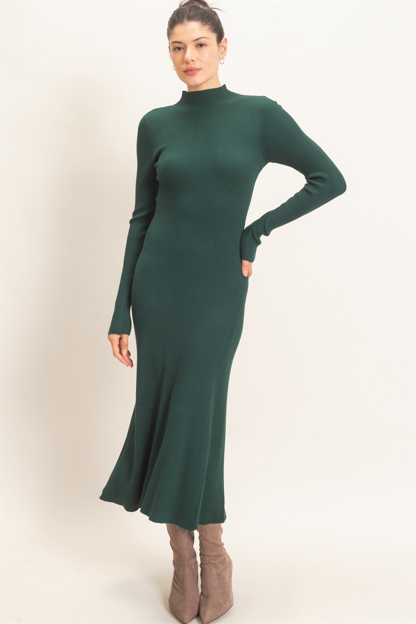 Wholesale Ribbed Mock Neck Long Sleeve Midi Dress Dresses HF26F156-D H.GREEN HYFVE