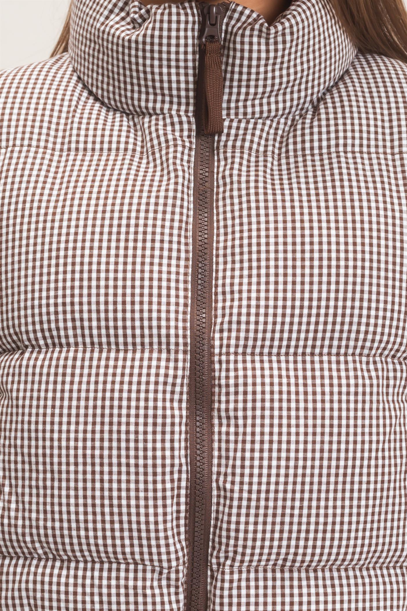 Wholesale Gingham Puffer Vest Vests DZ26F309 BROWN DOUBLE ZERO
