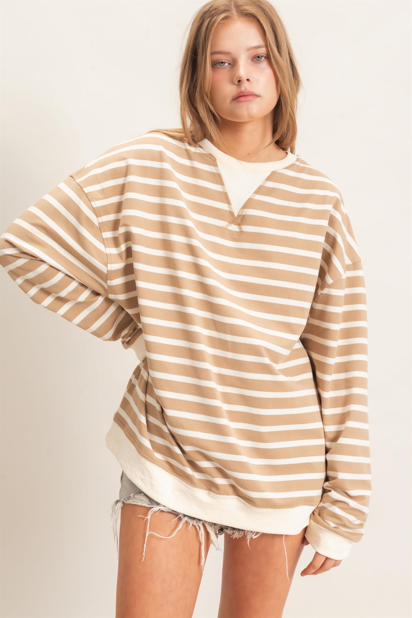 Wholesale Striped Long Sleeve Pullover Sweatshirts HF26F077 TAUPE/CREAM HYFVE