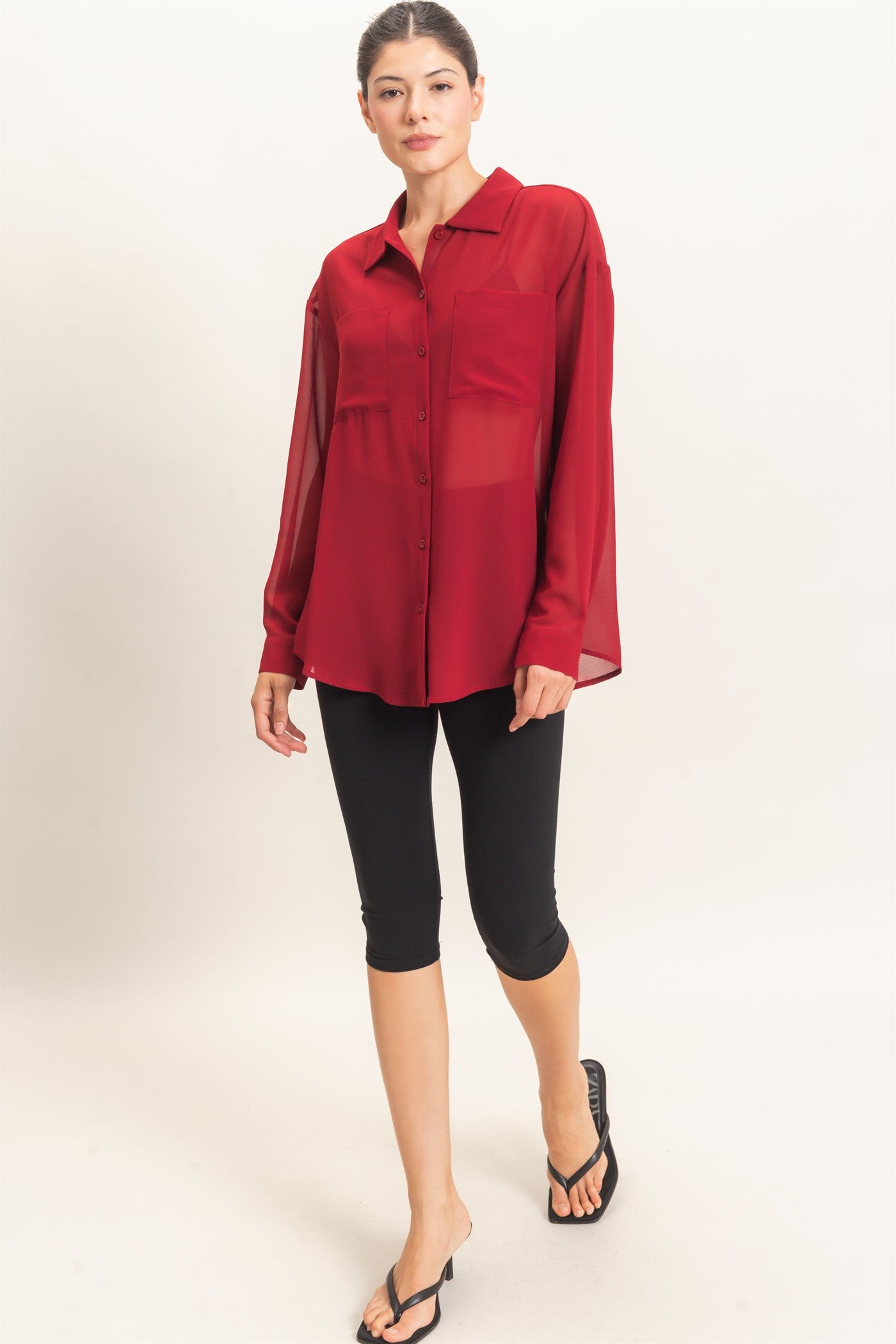 Wholesale Button-Down Collar Blouse Shirts HF26F067 BURGUNDY HYFVE