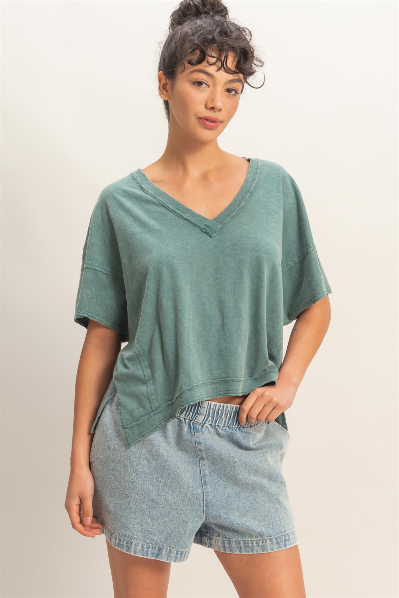 Wholesale Oversized V-Neck Short Sleeve Top Clothing Tops DZ26A032 DARK TEAL DOUBLE ZERO