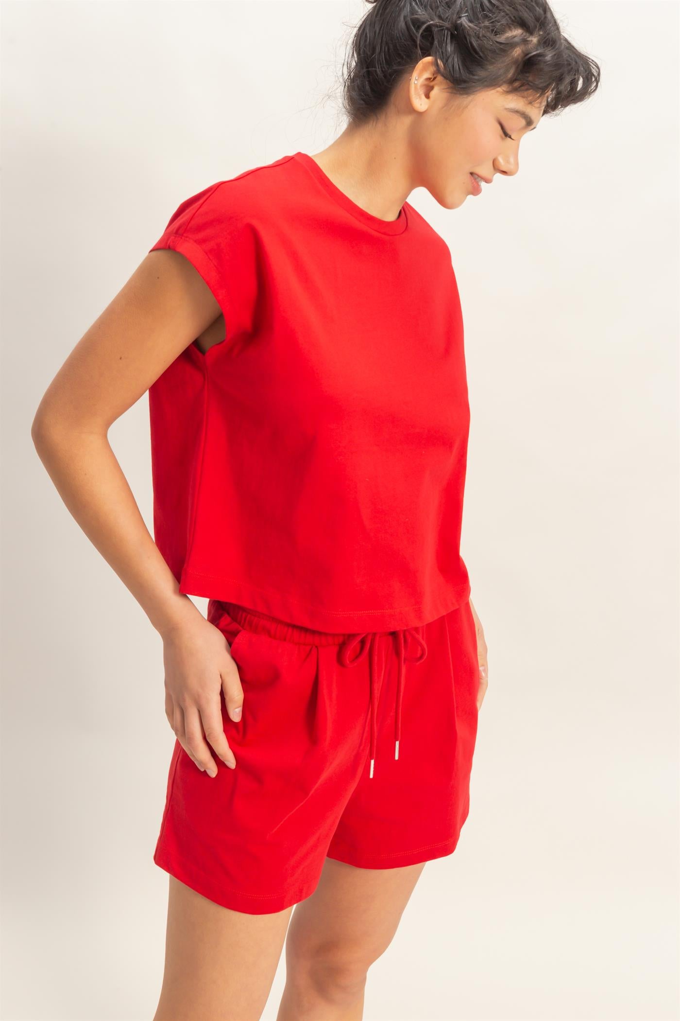 Wholesale Cap Sleeve Boxy Top And Shorts Set Clothing DZ26C543-SET RED DOUBLE ZERO