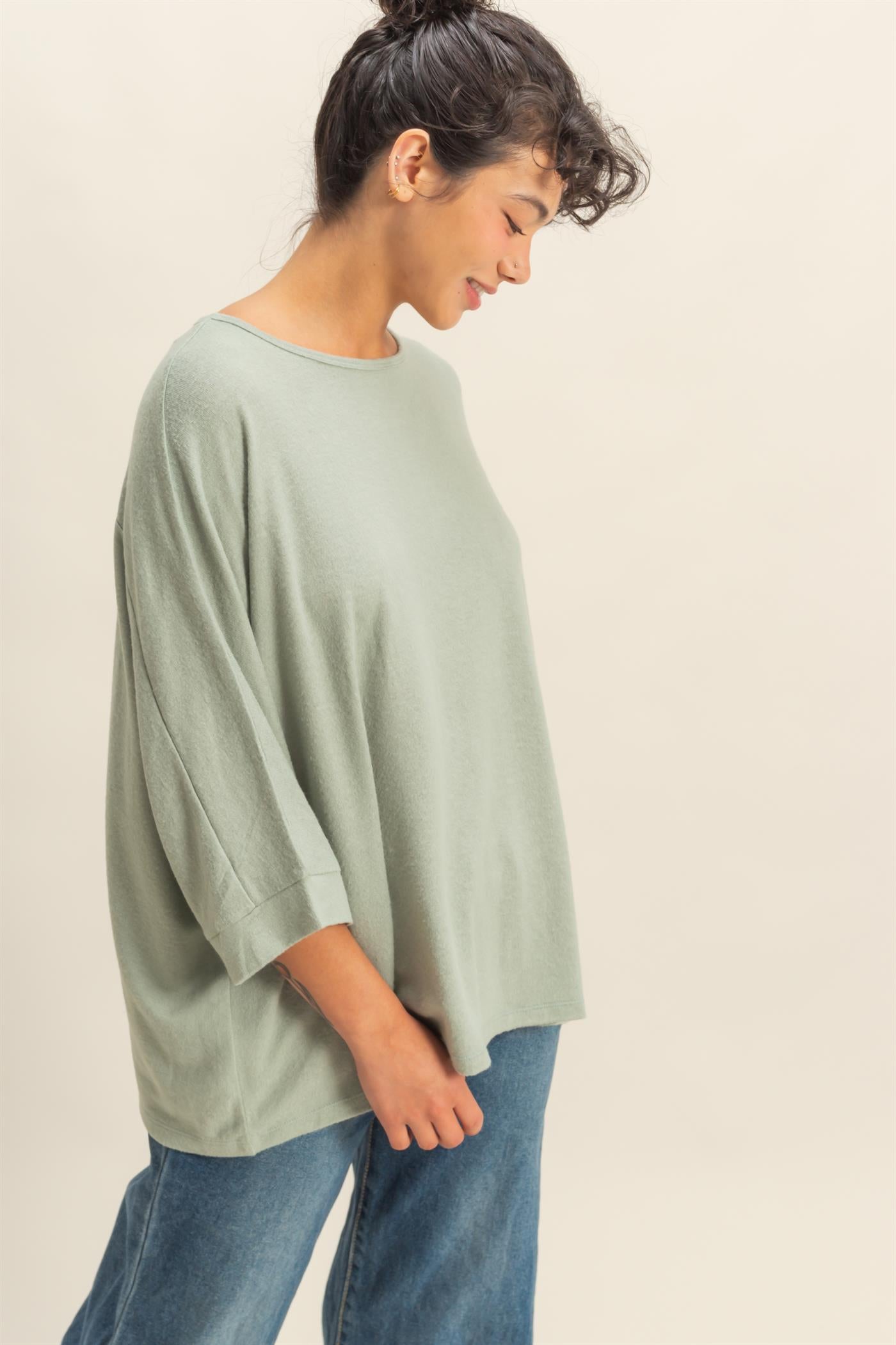 Wholesale Batwing 3/4 Sleeve Oversized Top Clothing Tops DZ25E133 SAGE GREEN DOUBLE ZERO