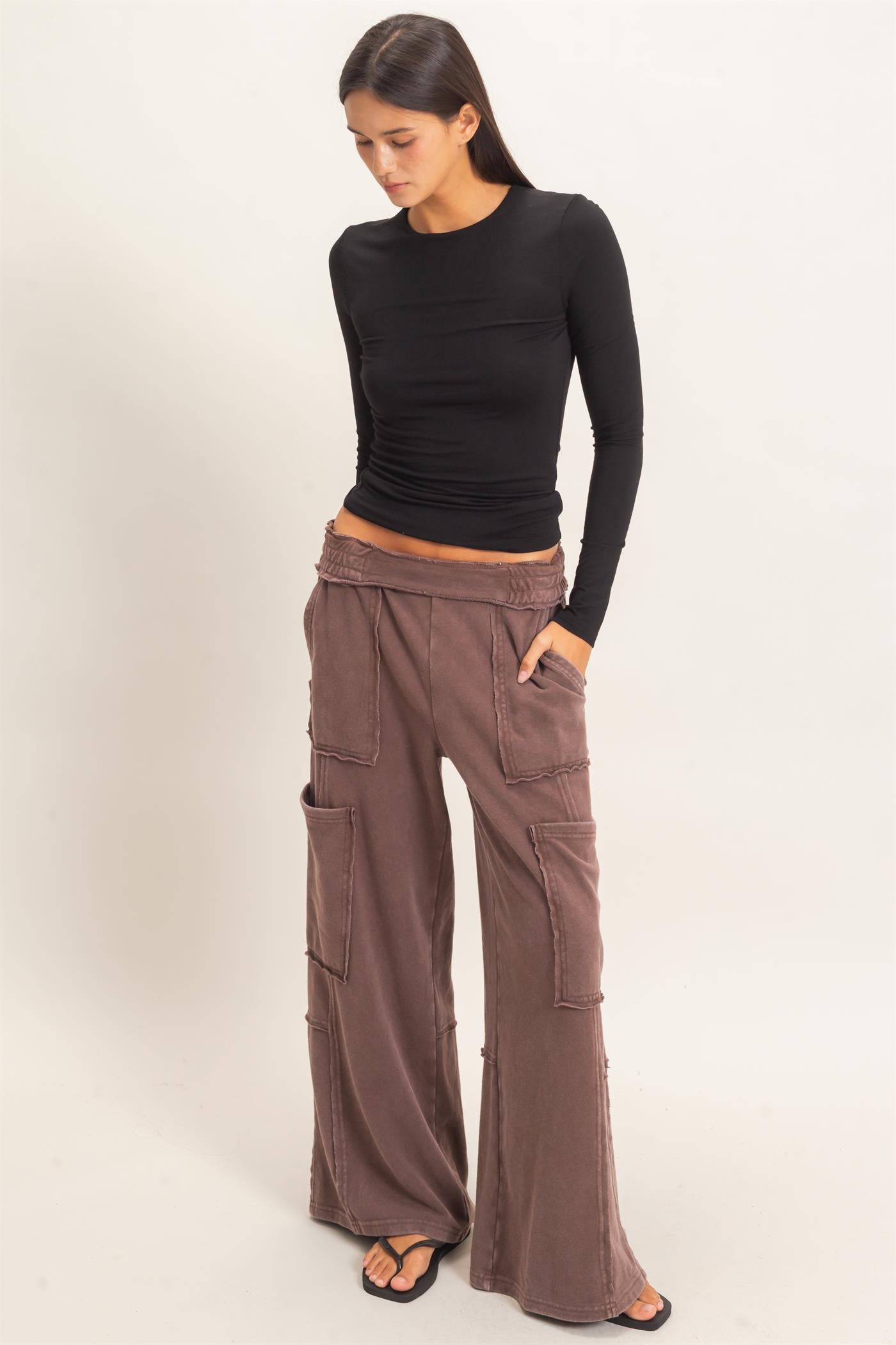 Wholesale Mineral Wash Cargo Pocket Pants Pants DZ26C963 DARK BROWN DOUBLE ZERO