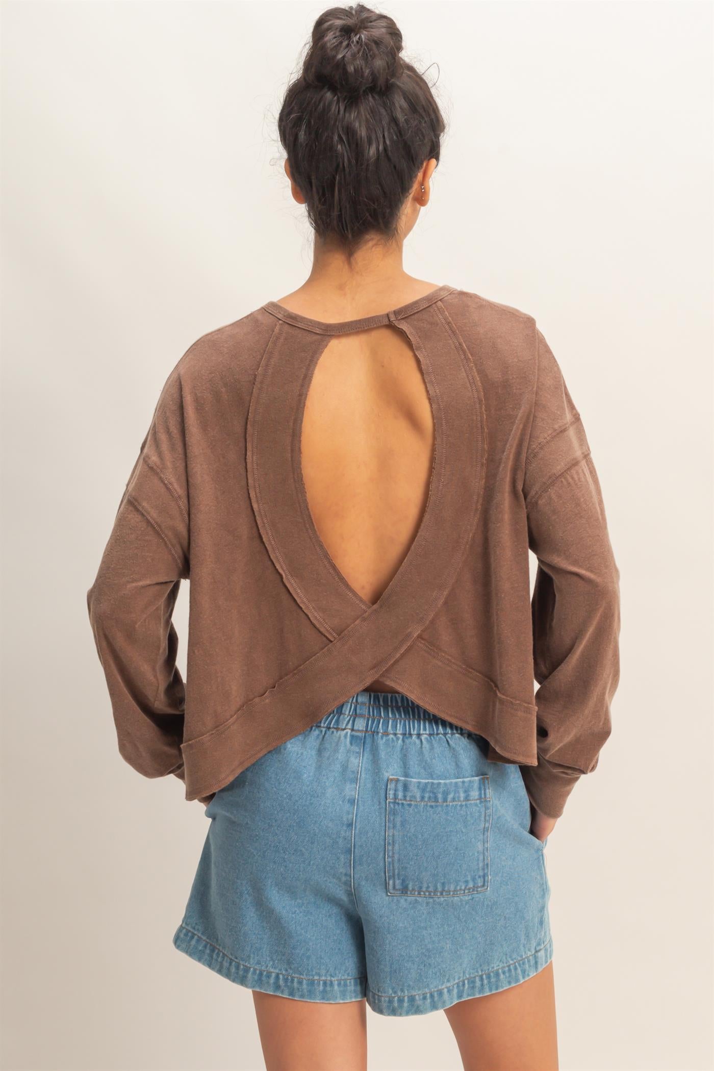 Wholesale Cross Detail Open Back Long-Sleeve Top Clothing Tops DZ26C731 CHOCOLATE DOUBLE ZERO