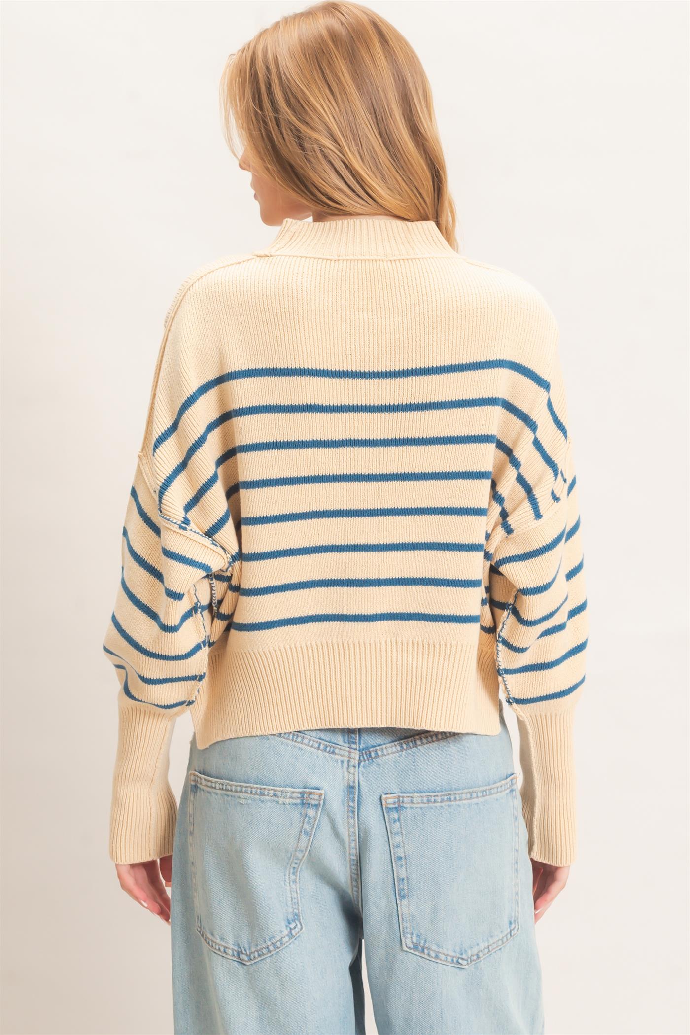 Wholesale Striped Mock Neck Cropped Sweater Sweaters HF26F192 BLUE HYFVE