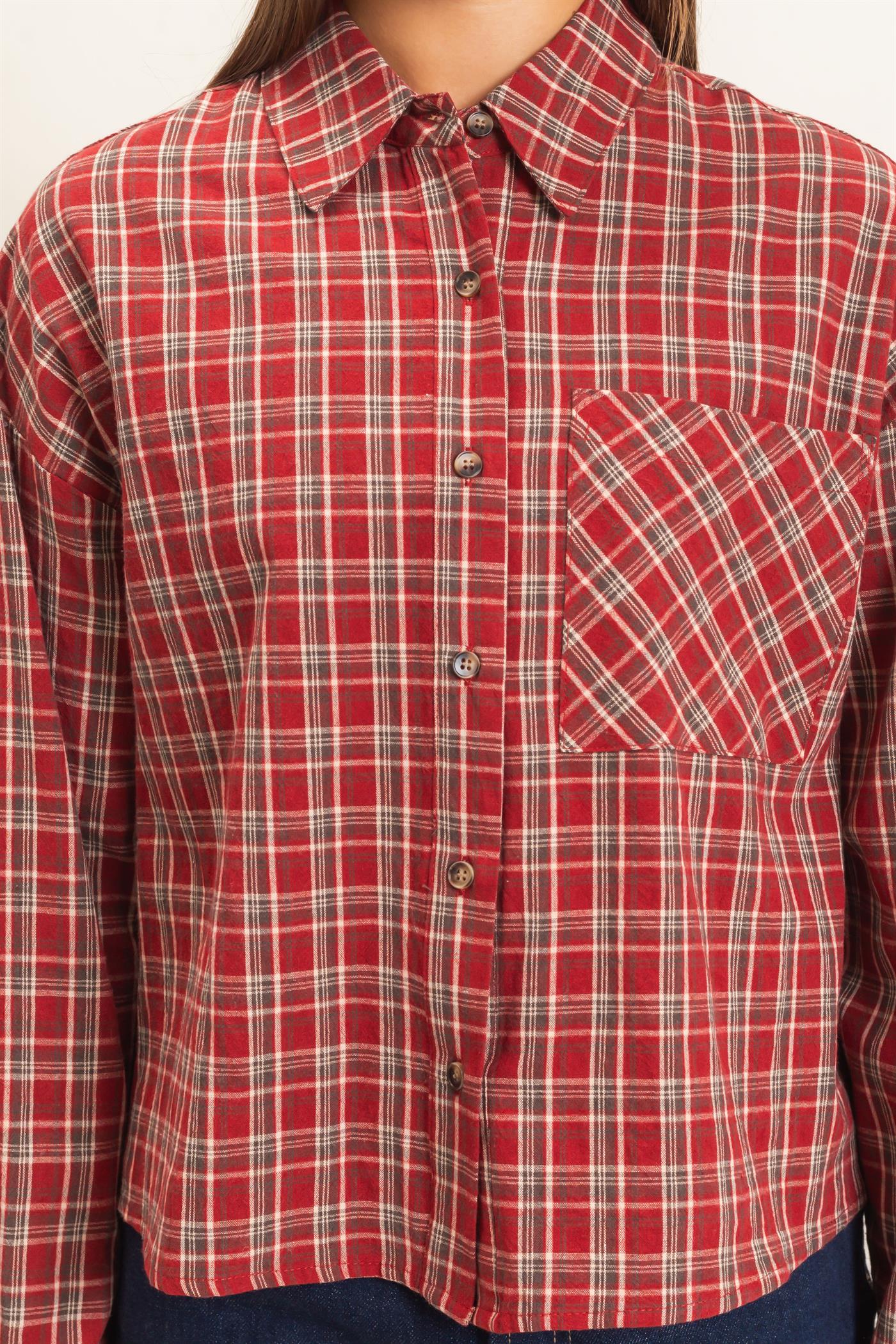 Wholesale Plaid Button-Up Shirt Clothing Tops DZ26E395 DARK RED DOUBLE ZERO