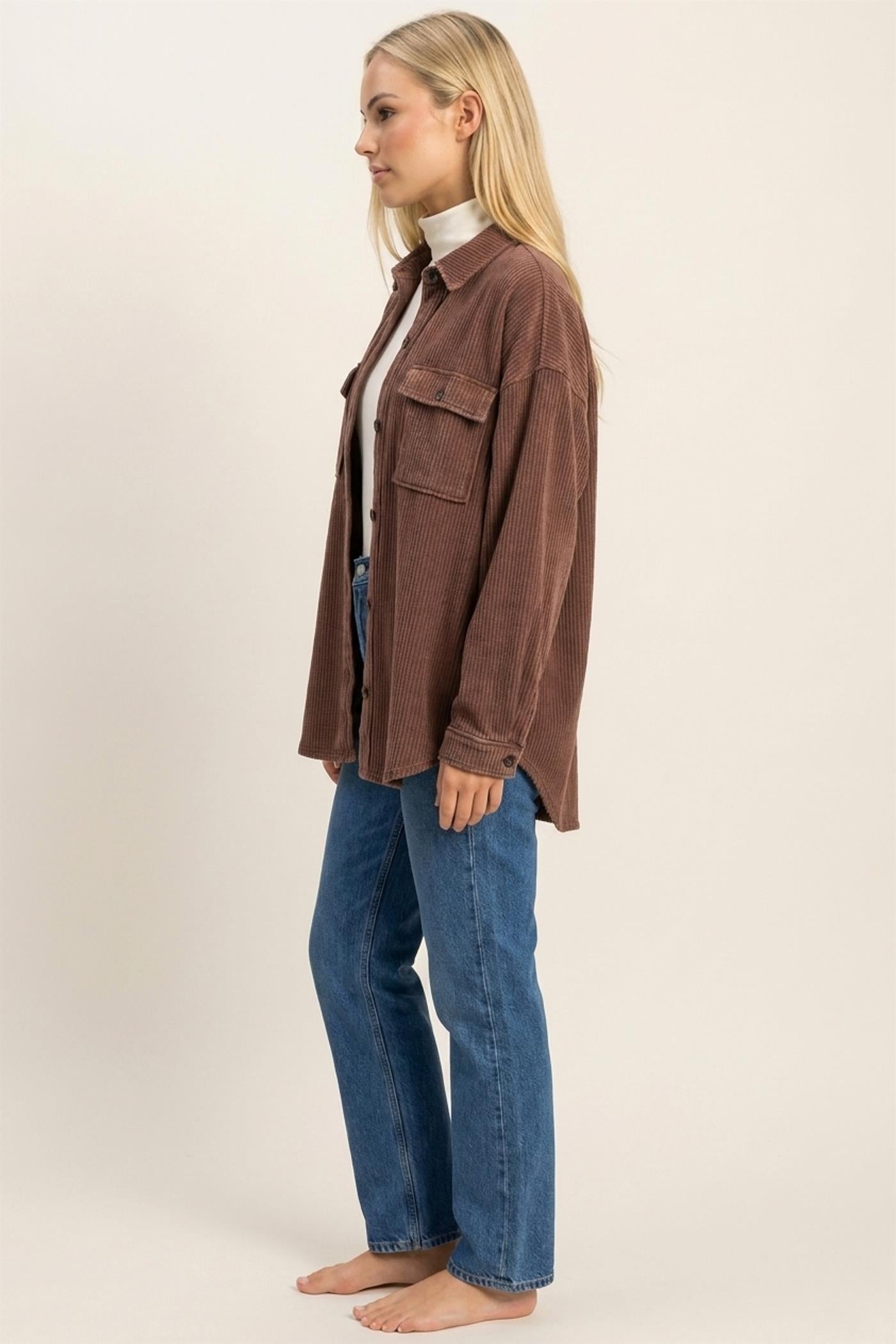 Wholesale Mineral Wash Waffle Knit Button-Up Shacket Coats & Jackets DZ26E249 DARK BROWN DOUBLE ZERO