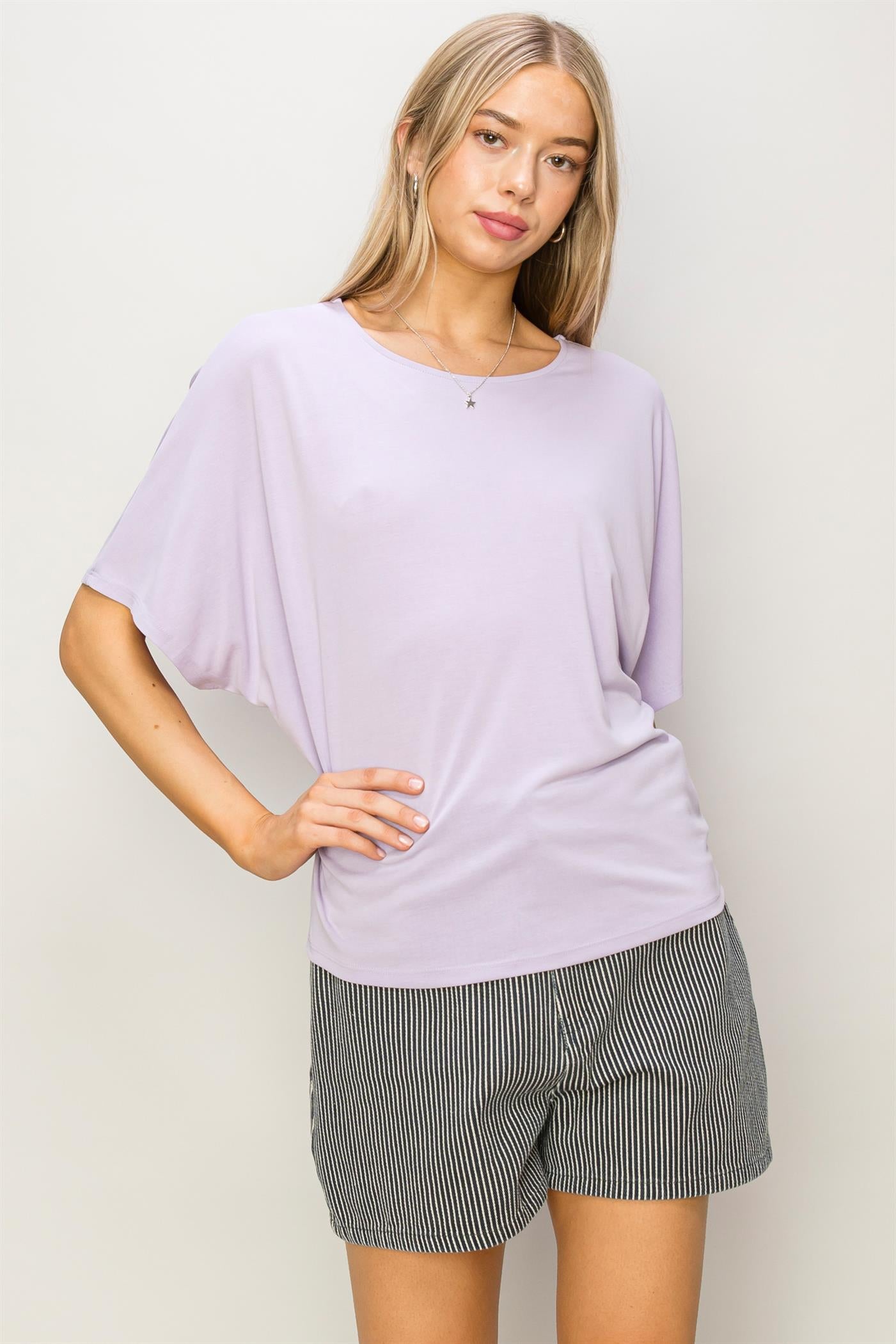 Wholesale D-Elbow Length Dolman Sleeve Top Clothing Tops DZ24C199-D LAVENDER DOUBLE ZERO