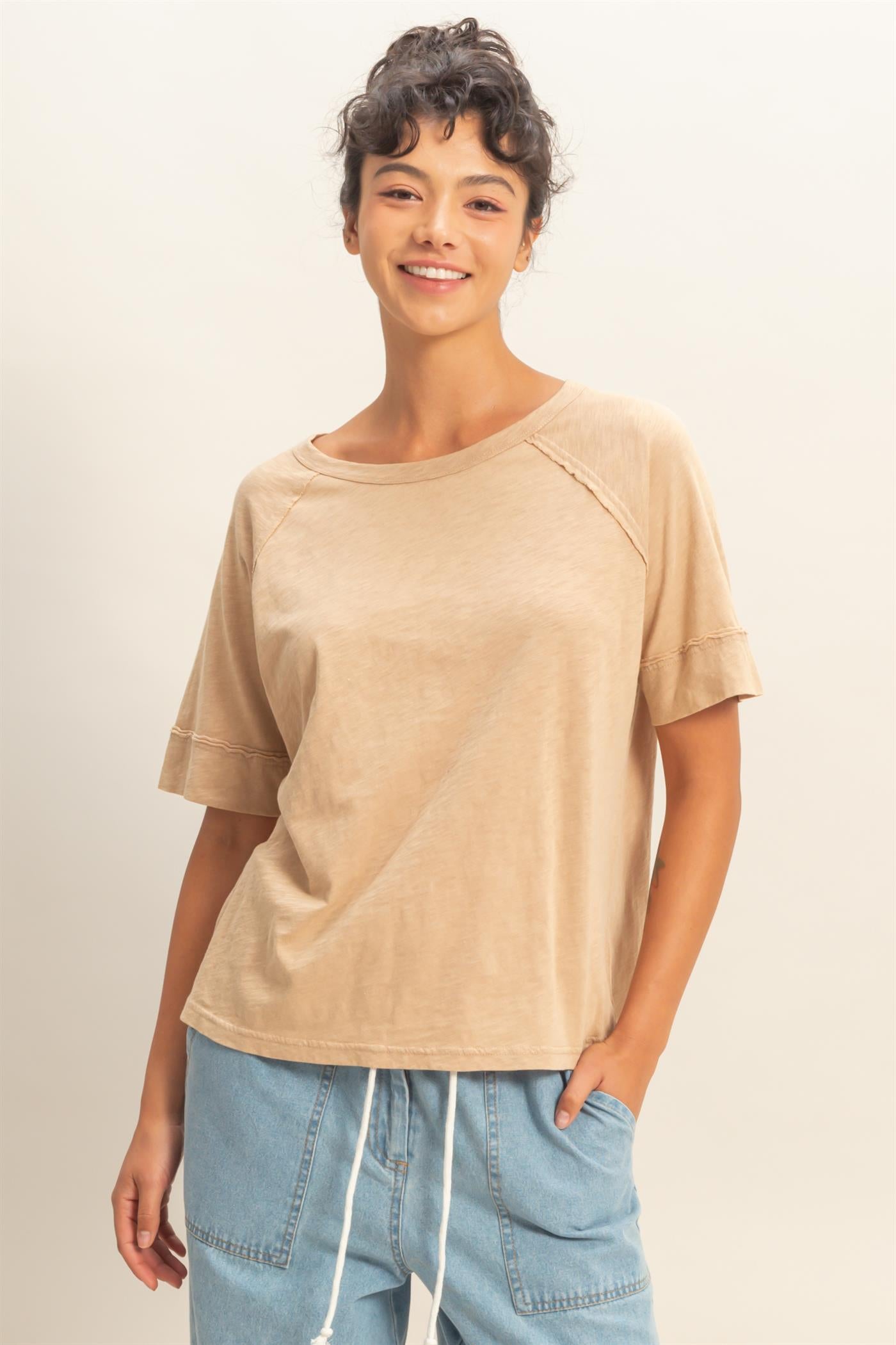 Wholesale Acid Wash Raw Seam Raglan Short Sleeve Tee Clothing Tops DZ26A655 DARK TAUPE HYFVE