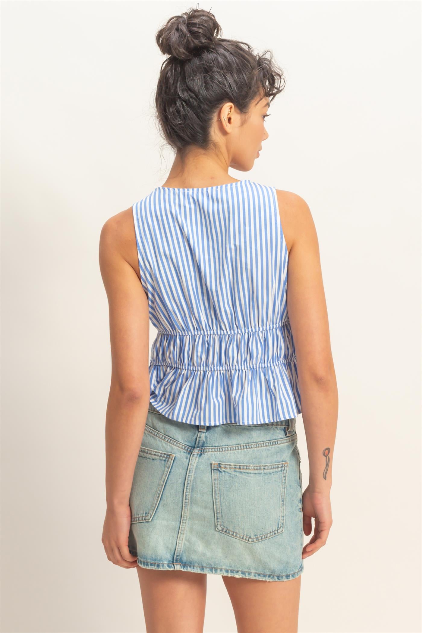 Wholesale Striped Tie Front Peplum Sleeveless Top Clothing Tops DZ26C534 BLUE DOUBLE ZERO