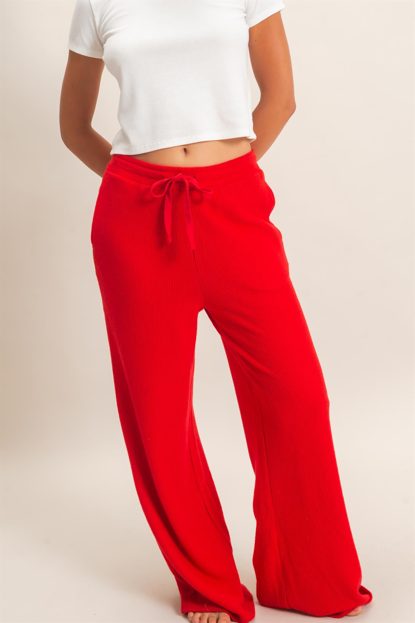 Wholesale Brushed Waffle Drawstring Pants Pants DZ26F313 RED DOUBLE ZERO