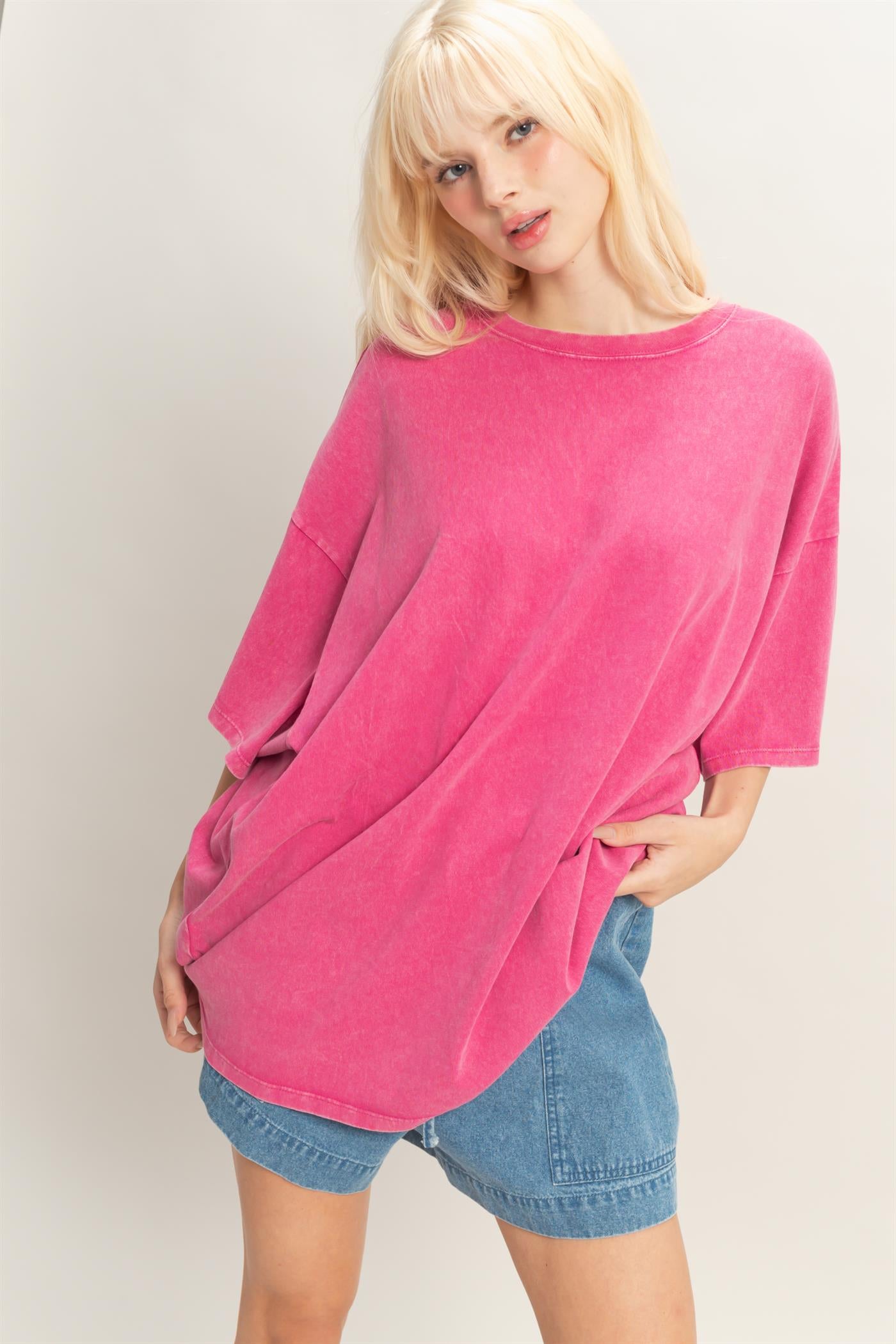 Wholesale Oversized Mineral Wash T-Shirt T-Shirts DZ26A031 FUCHSIA DOUBLE ZERO