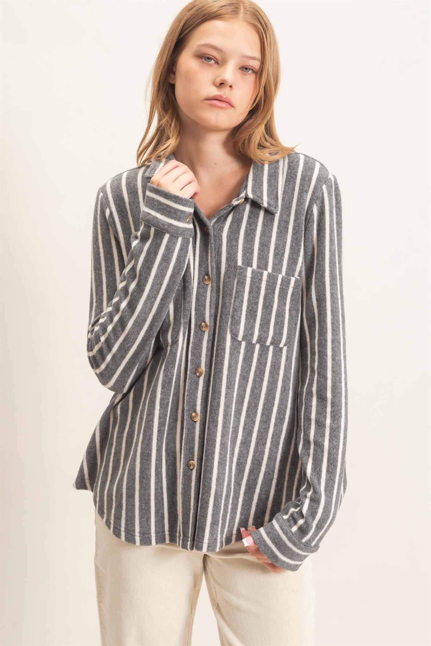Wholesale Striped Button-Up Knit Shirt Clothing Tops HF26E189 GRAY HYFVE