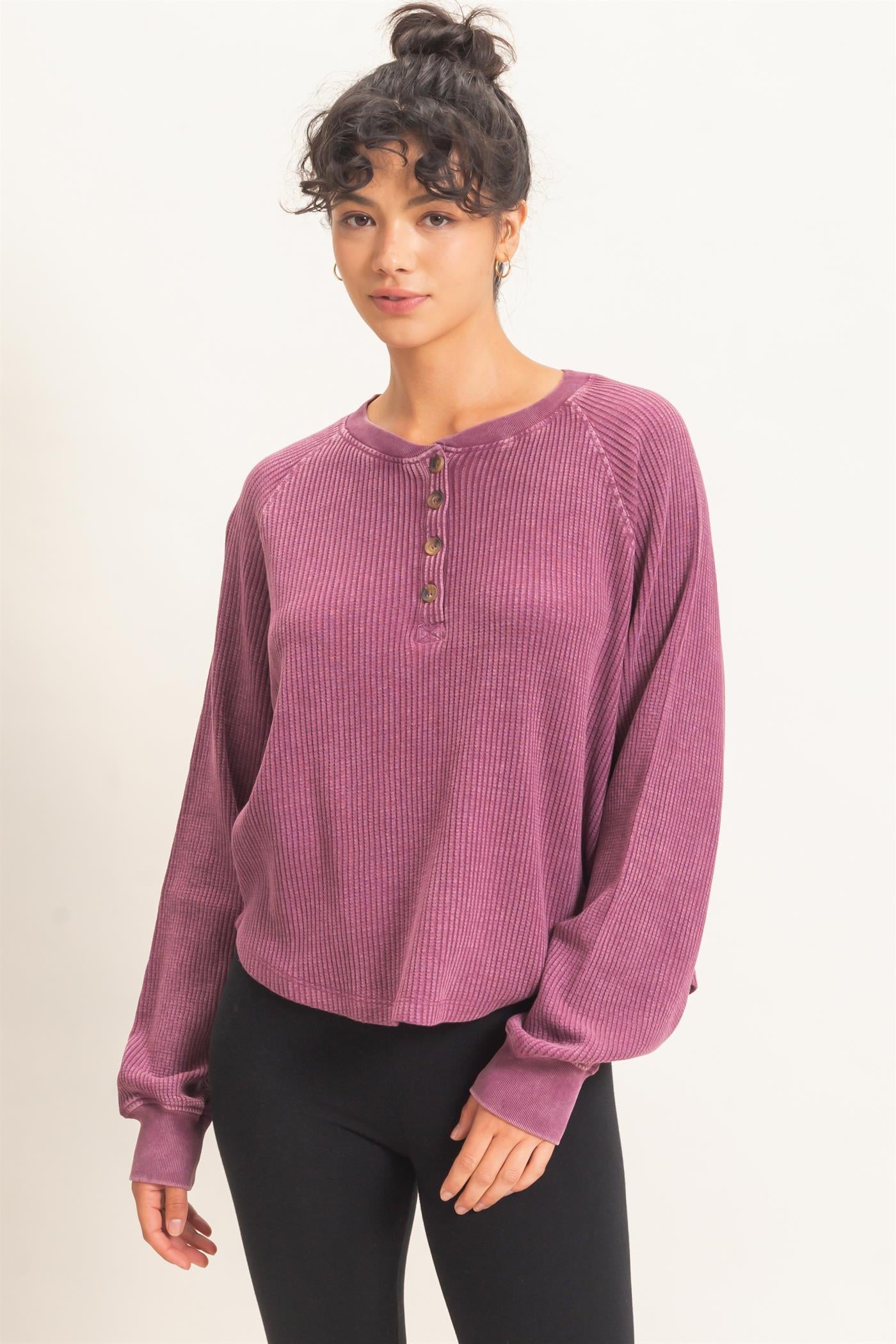 Wholesale Mineral Wash Waffle Knit Henley Top Sweatshirts DZ26E947 DARK CHERRY DOUBLE ZERO