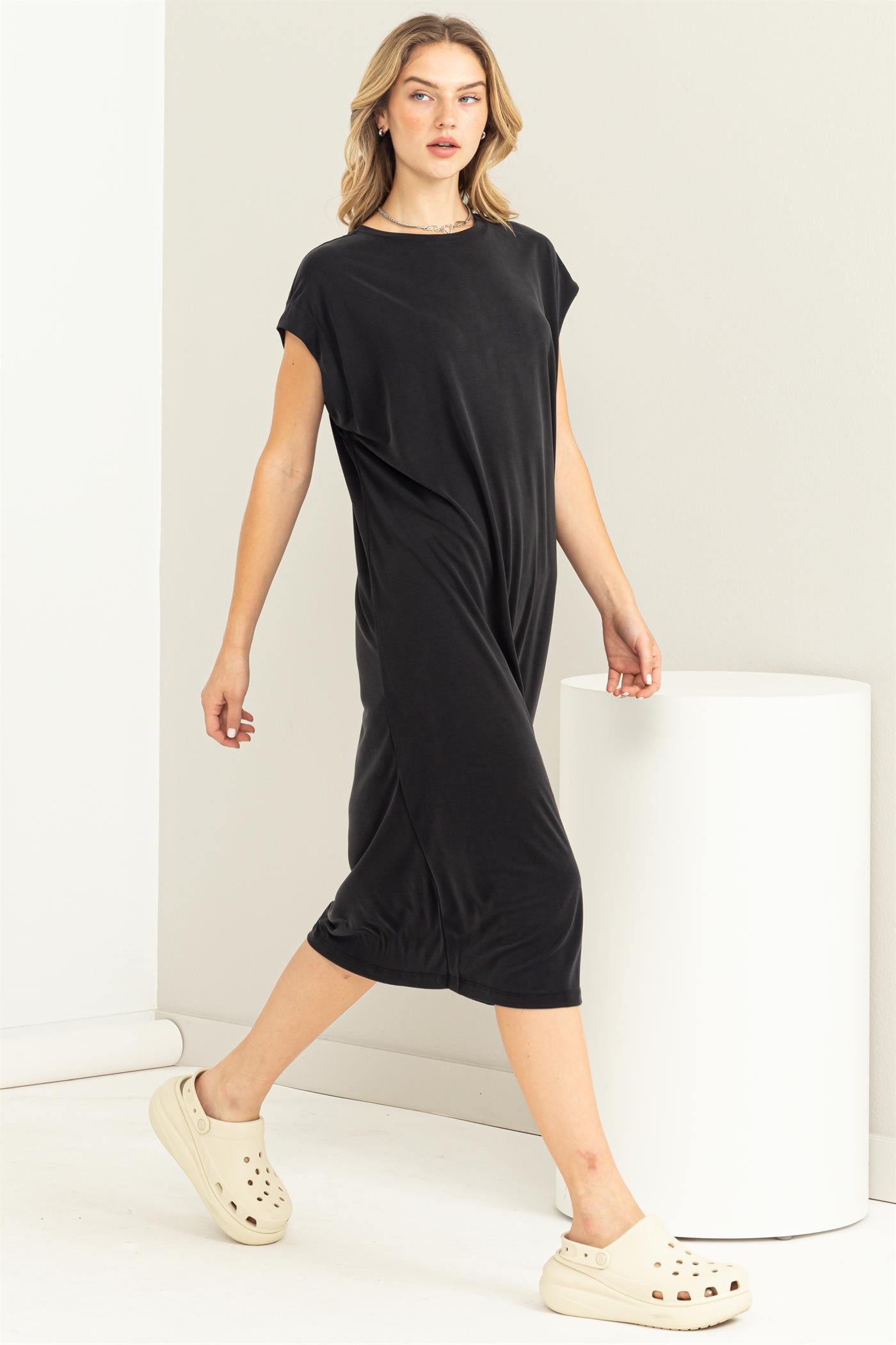 Wholesale Lazy Day Dolman Short Sleeves Midi Dress Dresses DZ23A795 BLACK DOUBLE ZERO