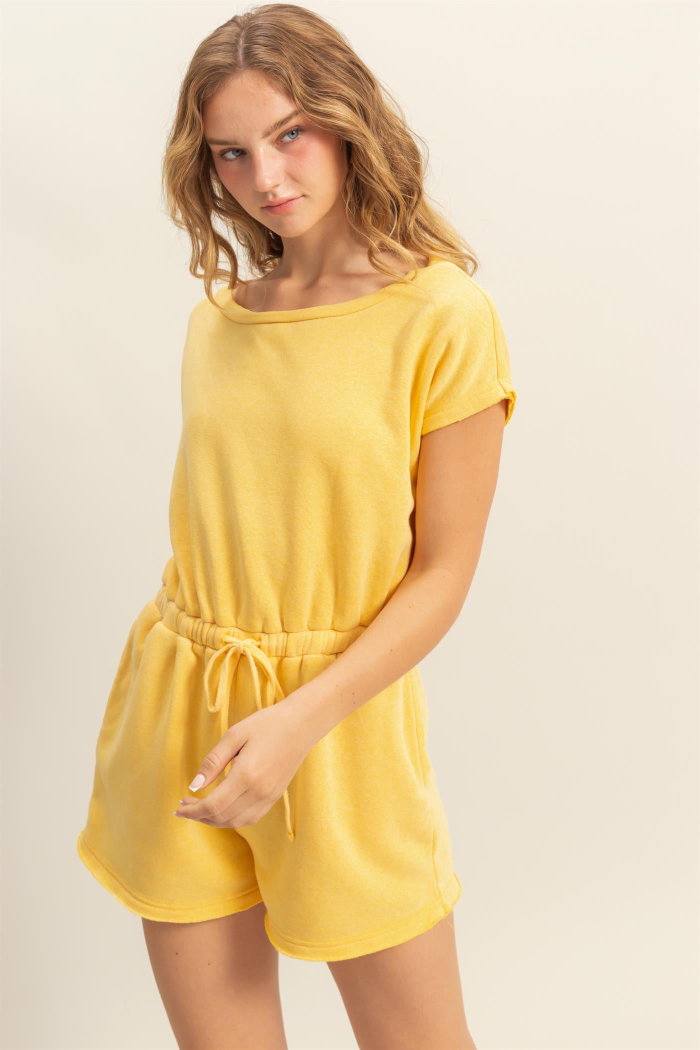 Wholesale Cap Sleeve Drawstring Waist Romper Clothing DZ25A782 SUNFLOWER DOUBLE ZERO