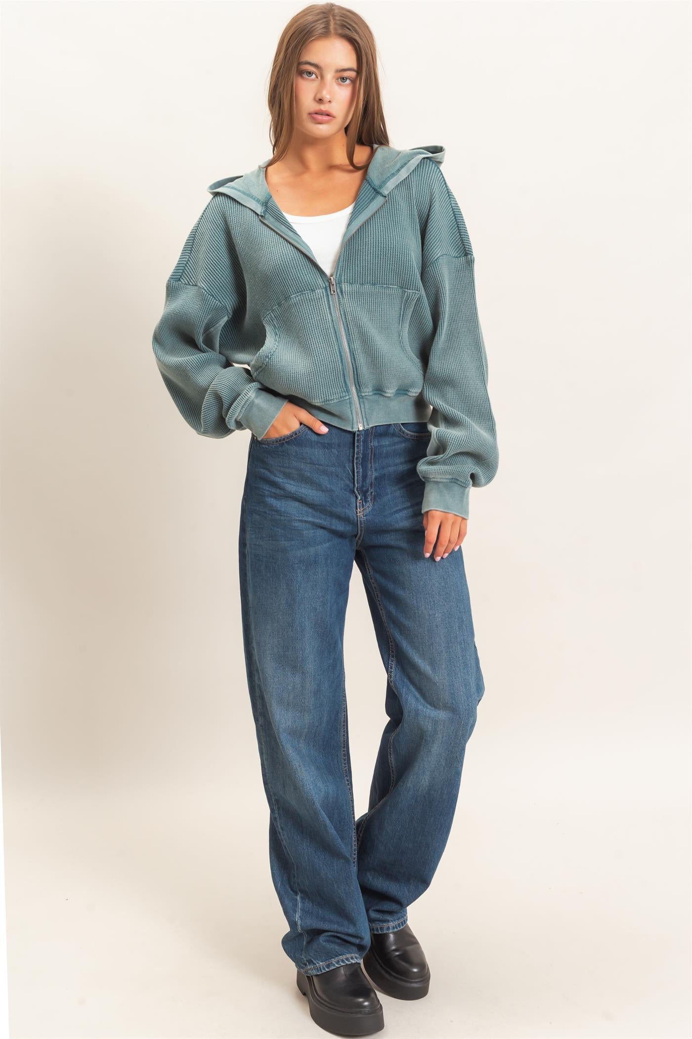 Wholesale Acid Wash Waffle Knit Zip-Up Hoodie Hoodies DZ26E401 DARK TEAL DOUBLE ZERO