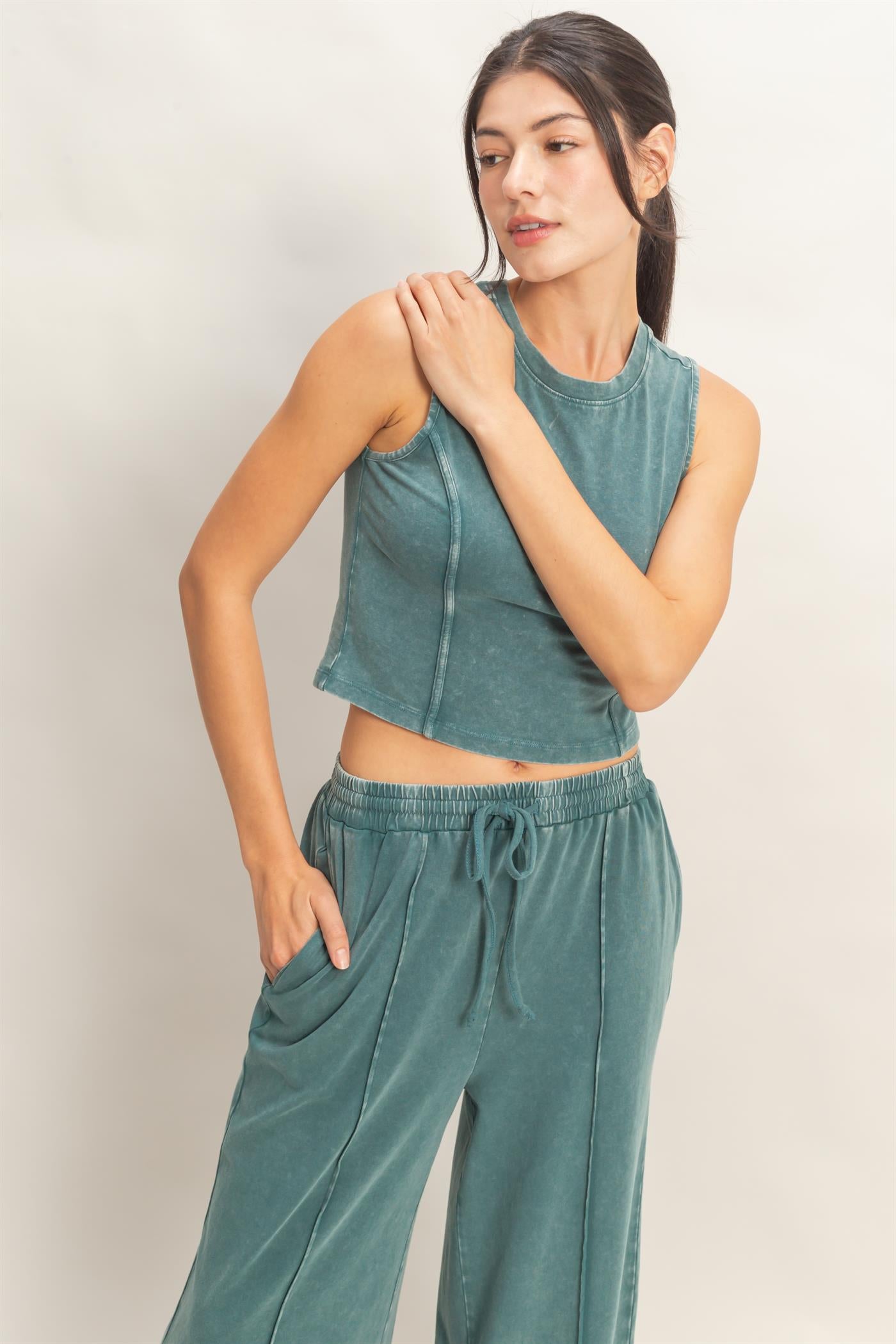 Wholesale Mineral Washed Sleeveless Top & Wide Leg Pants Set Clothing DZ26A371-SET DARK TEAL DOUBLE ZERO