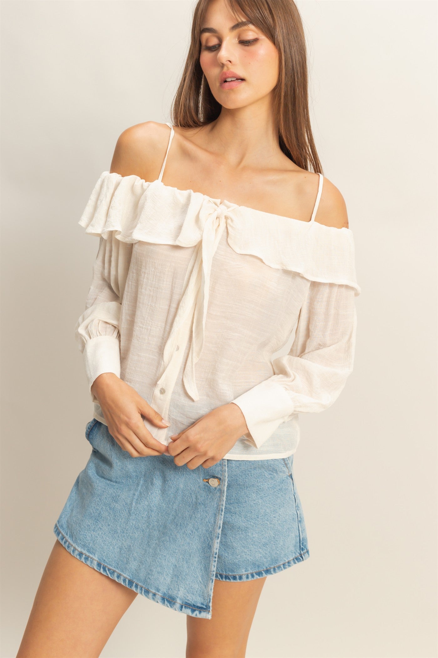 Wholesale Cold-Shoulder Ruffled Blouse Clothing Tops HF23C787 OFF WHITE HYFVE